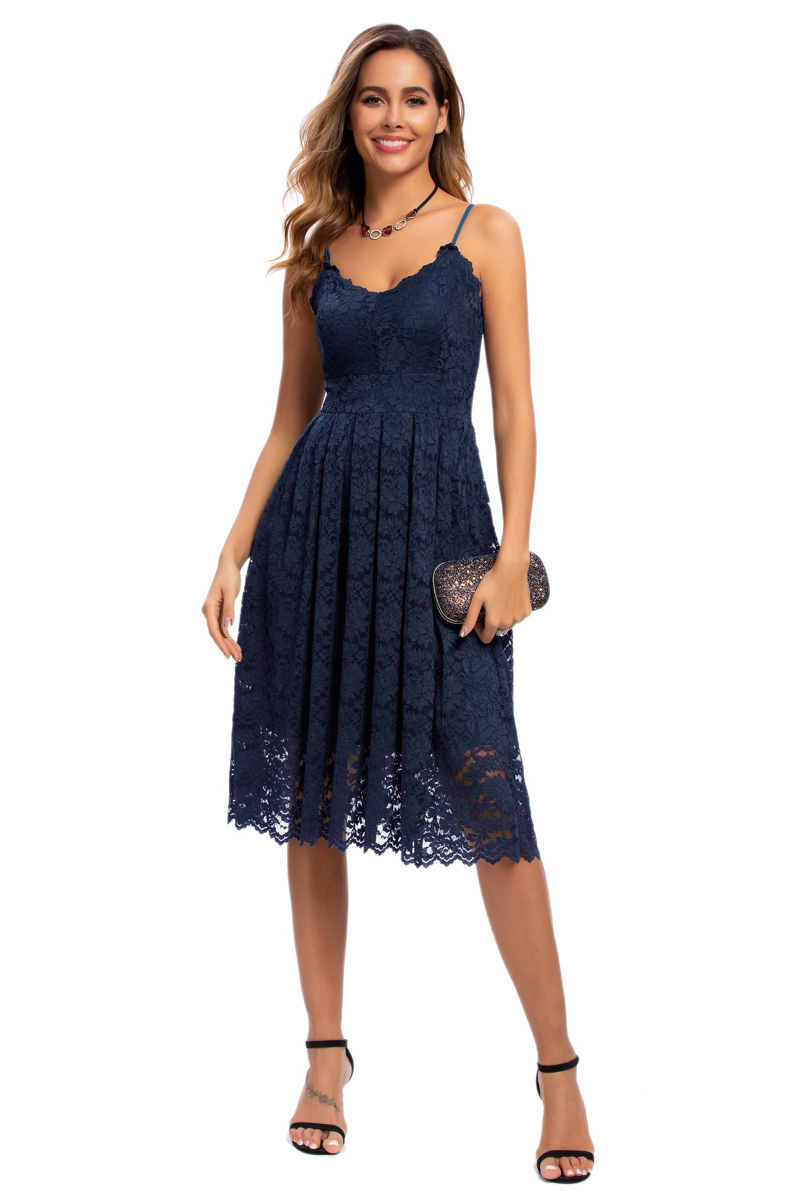Elegant ATNLEWHI Women's Spaghetti Strap V-Neck Sleeveless A-Line Lace Dress for Evening, Cocktail Party, Formal Wedding Guest - Perfect for Summer Weddings, Date Nights & Special Occasions