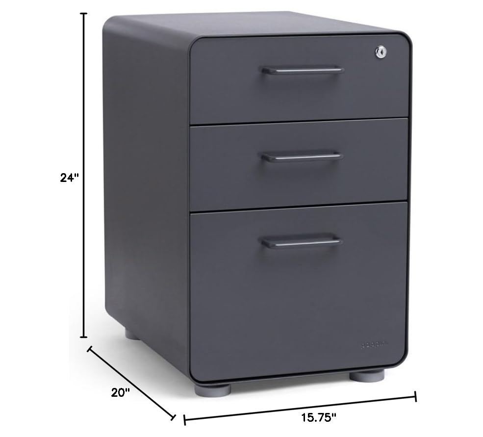 Poppin Stow 3-Drawer File Cabinet in Charcoal - 2 Utility Drawers & 1 Hanging File Drawer, Fully Painted Steel Cabinet with Keys Included for Office Organization & Home Office Storage