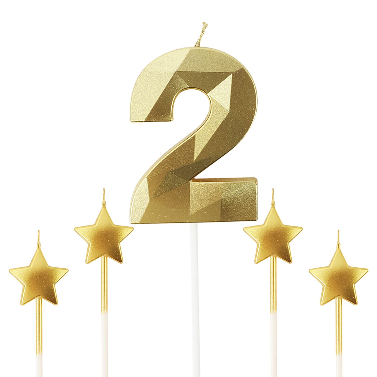 Golden Number 2 Birthday Candles - 2.76 Inch 3D Diamond Shaped Cake Candles with Stars for Birthday Parties, Anniversaries & Special Celebrations - Perfect for Cake Decorations (Gold)