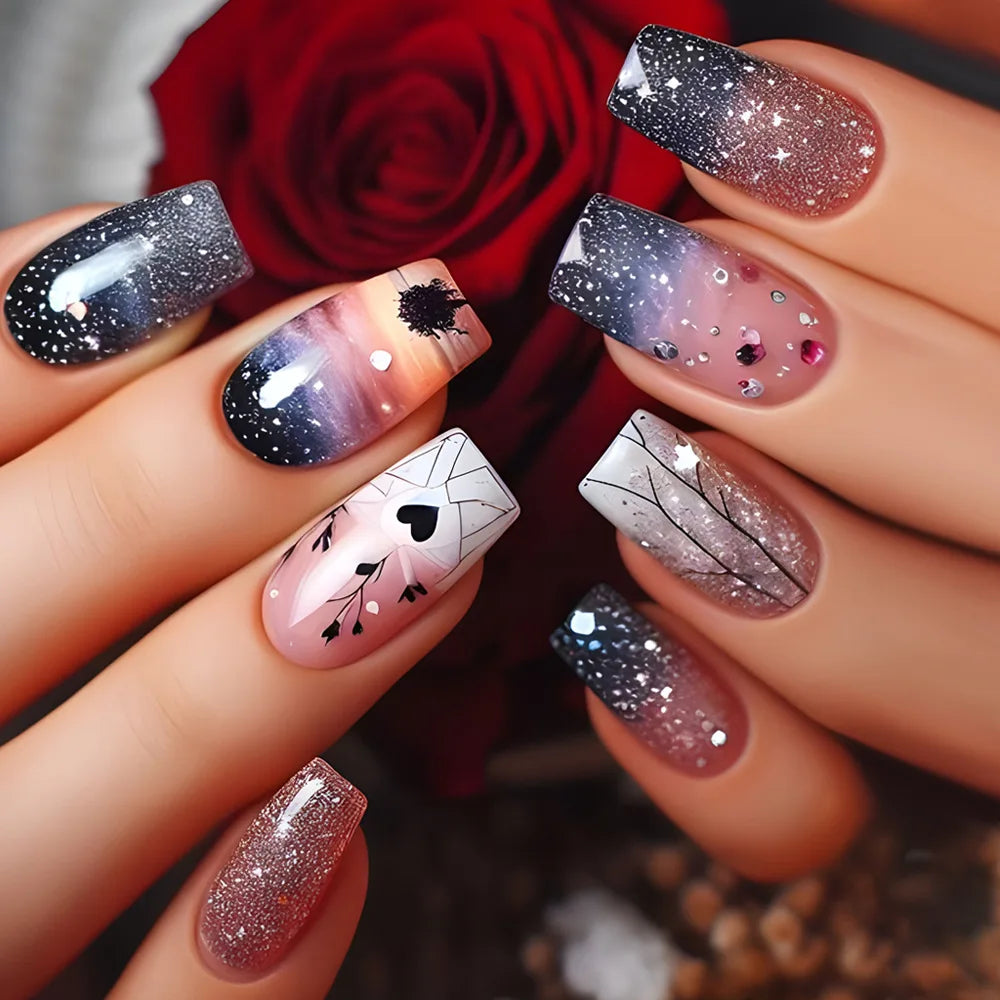 24Pcs Colorful Starry Sky Press on Nails - Full Cover Square Fake Nails with Dreamy Moon & Meteor Designs | Detachable Nail Tips for Women | Perfect for Parties, Date Nights & Special Occasions