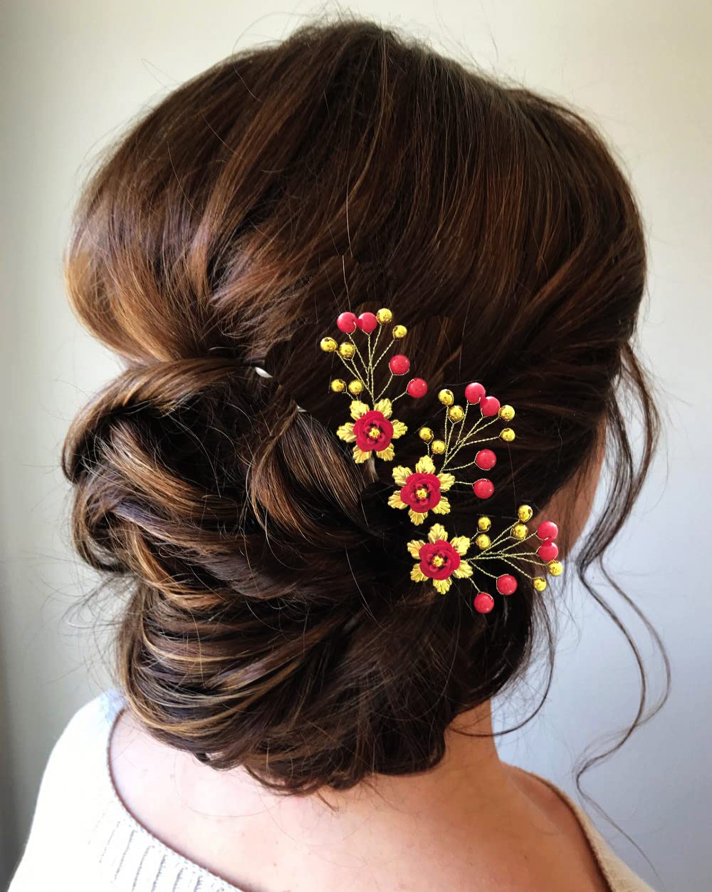 Elegant Red Artificial Flower Hair Pin with Beads for Women & Girls - Bridal Hair Accessories, Juda Pin, Pack of 8 - Perfect for Weddings, Parties & Special Occasions
