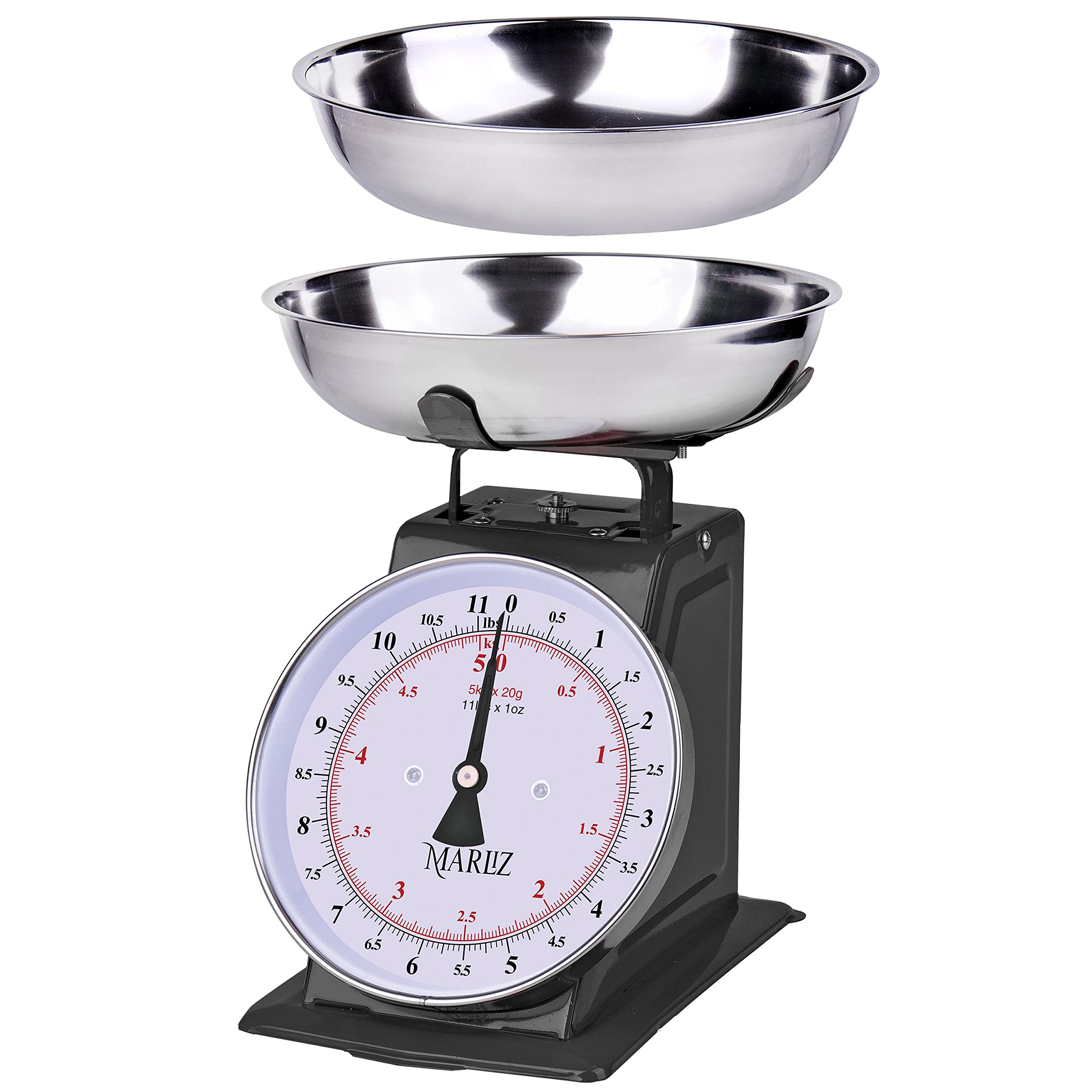 Vintage MARLIZ Kitchen Scale 11Lb/5Kg with 2 Bowls - Mechanical Dial Food Scale for Baking, Cooking & Meal Prep | Black Baker's Scale for Home & Professional Kitchens