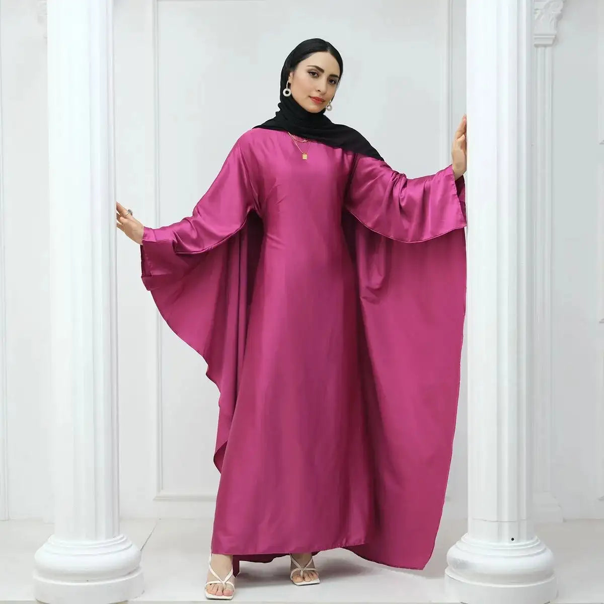 Elegant Butterfly Batwing Sleeve Satin Farasha Abaya Dress with Inner Belt - Modest Muslim Women's Prayer Dress for Special Occasions & Evening Events