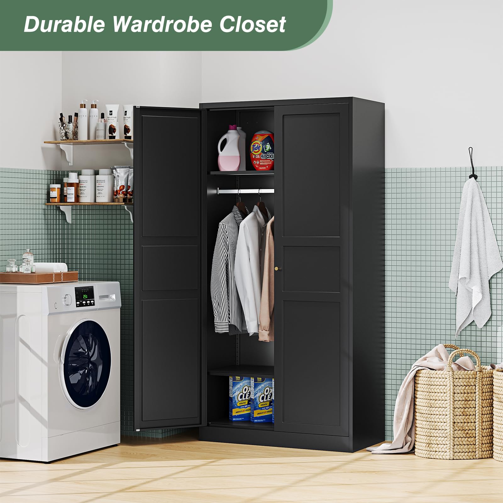 Metal Wardrobe Closet Cabinet with Doors & Shelves - Freestanding Storage Armoire for Bedroom, Laundry Room, Home Office & Bathroom - Black (Perfect for Small Spaces & Closet Organization)