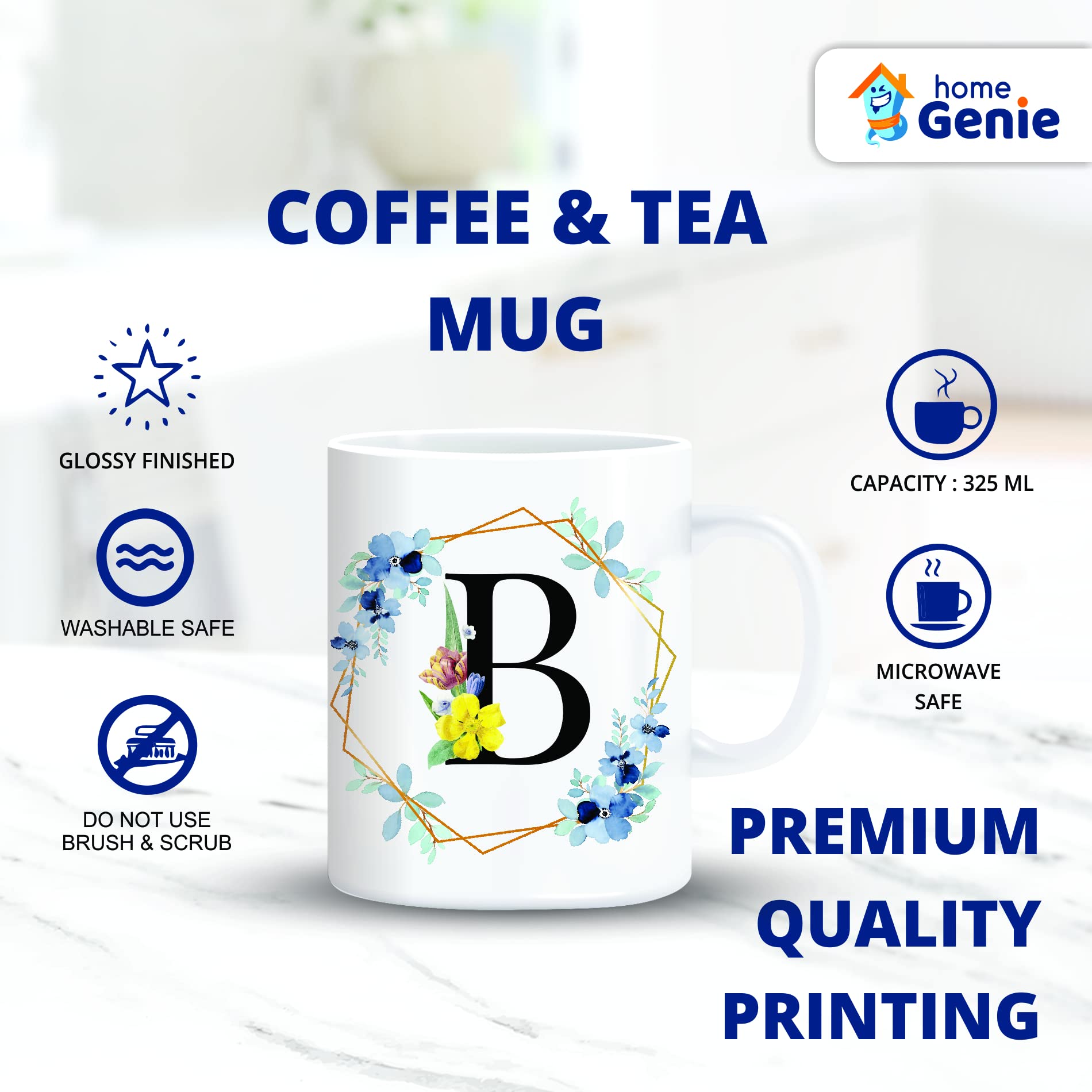 Personalized Initial Mug - Ceramic Coffee Tea Milk Cup with Alphabet Letter B - Custom Gift for Women, Men, Couples, Friends - Birthday, Anniversary, Valentine's Day Present - Perfect for Home, Office & Gifting (Includes Best Wishes Tag)