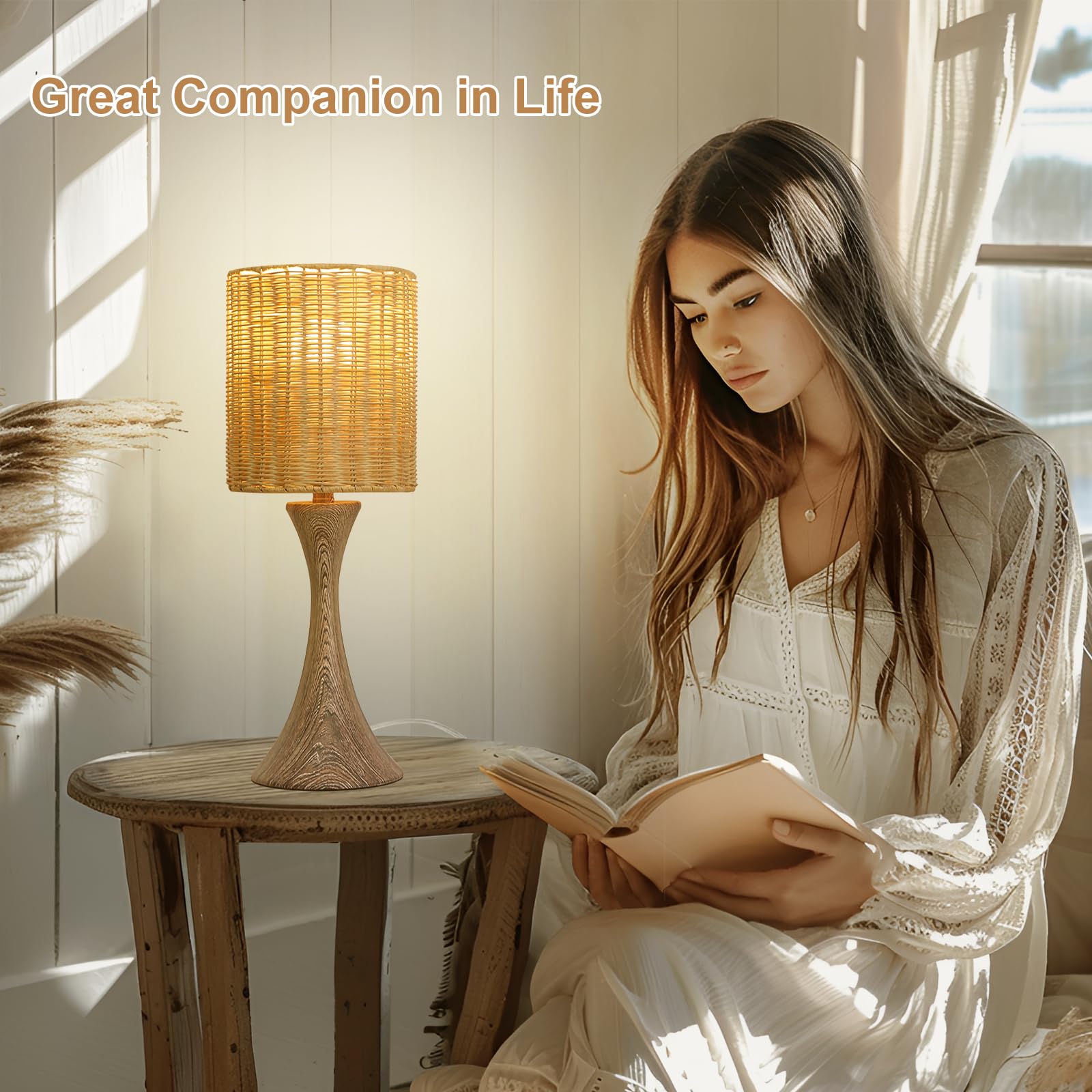 Rattan Touch Lamp with Wood Grain Base - 3-Way Dimmable Nightstand Lamp, Farmhouse Desk Lamp & Small Night Light for Living Room, Bedroom, Dorm & Home Office - Includes 9W LED Bulb - Perfect for Cozy Reading Nook, Modern Farmhouse Decor & Warm Ambient Lighting