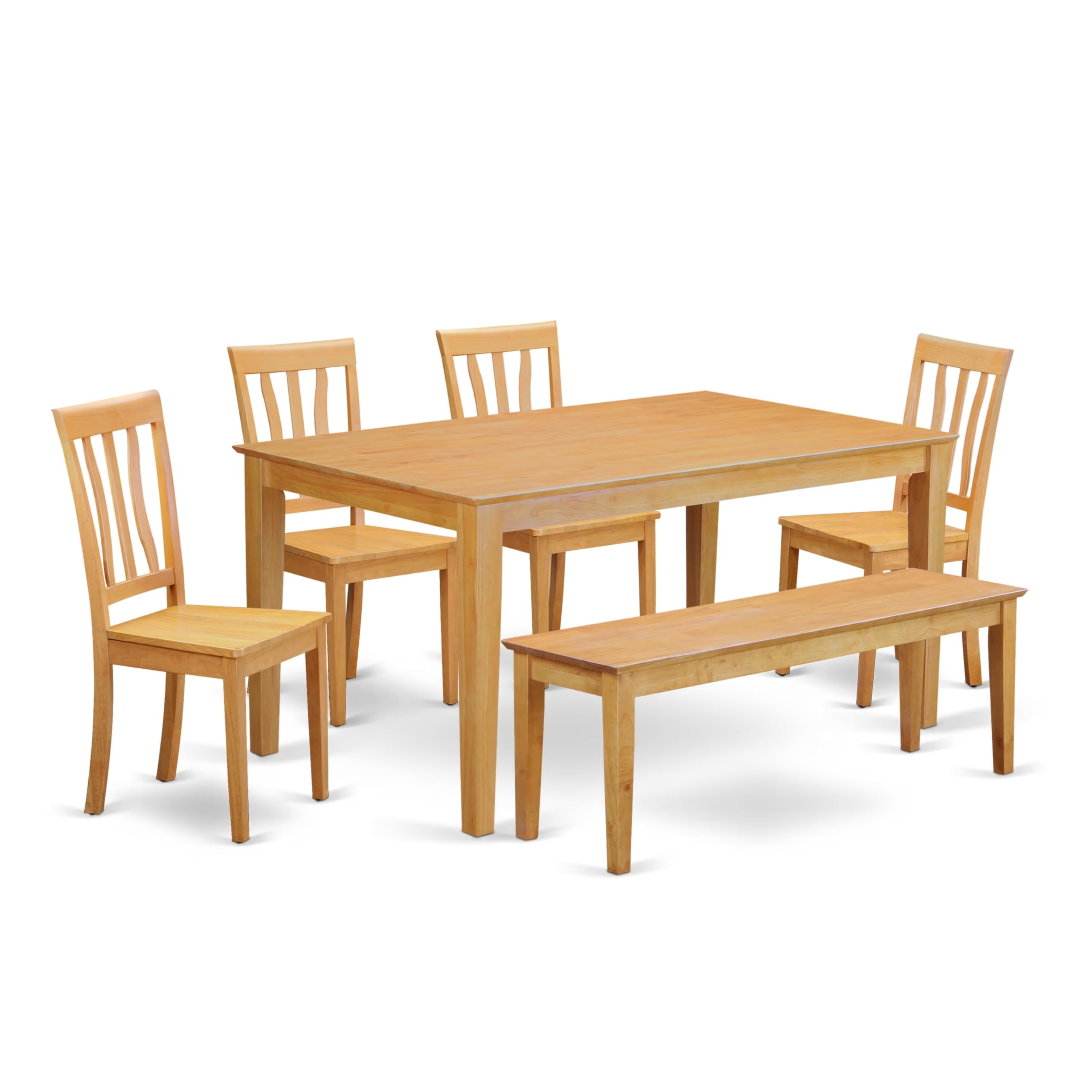 East West Furniture 6-Piece Oak Dining Set with Rectangle Table, 4 Chairs & Bench - 36x60 Inch - Perfect for Kitchen, Dining Room & Small Spaces