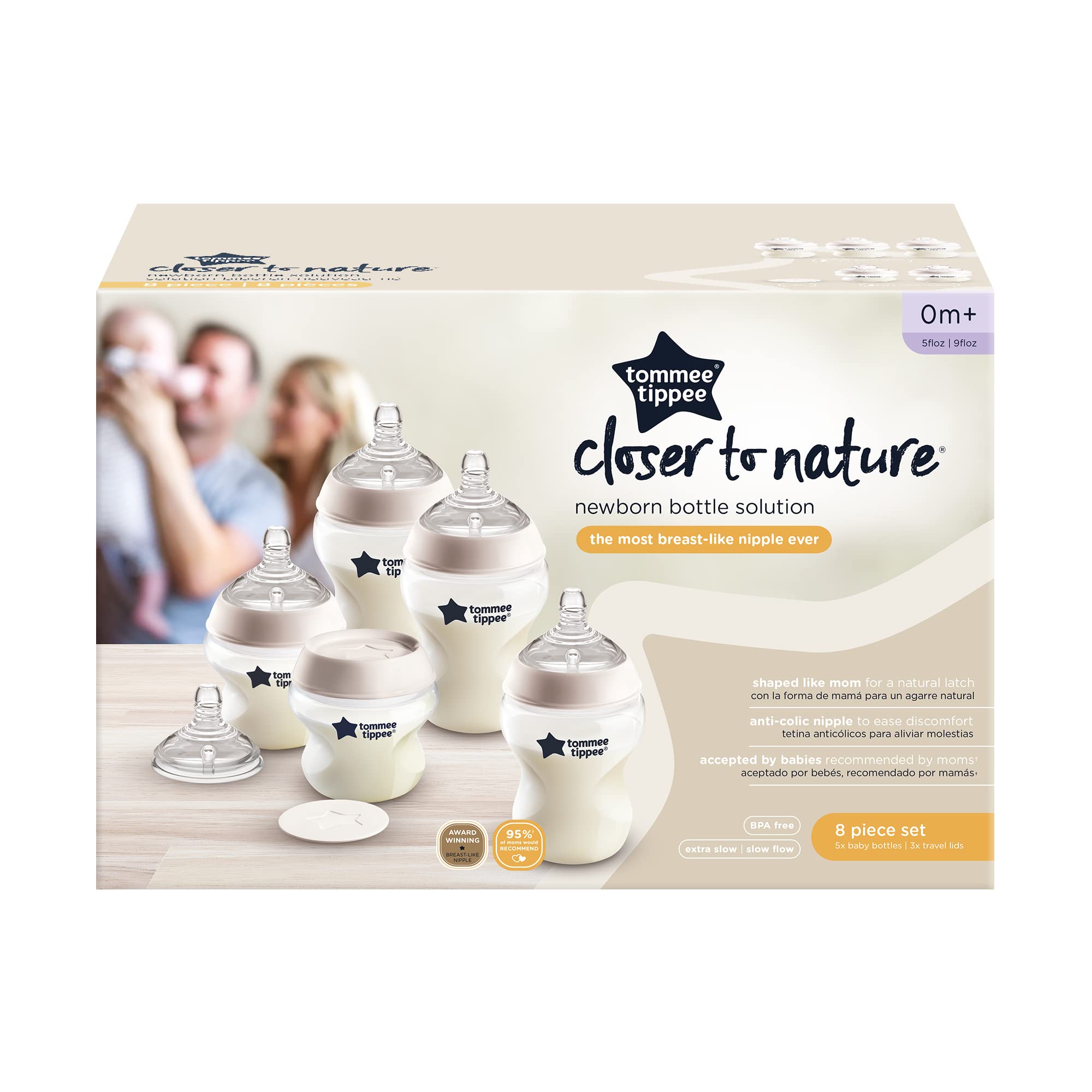 Tommee Tippee First Baby Bottle Gift Set - Anti-Colic Bottles with Breast-like Nipples & Travel Lids for Newborns | Perfect Baby Shower Gift & Travel Feeding Solution