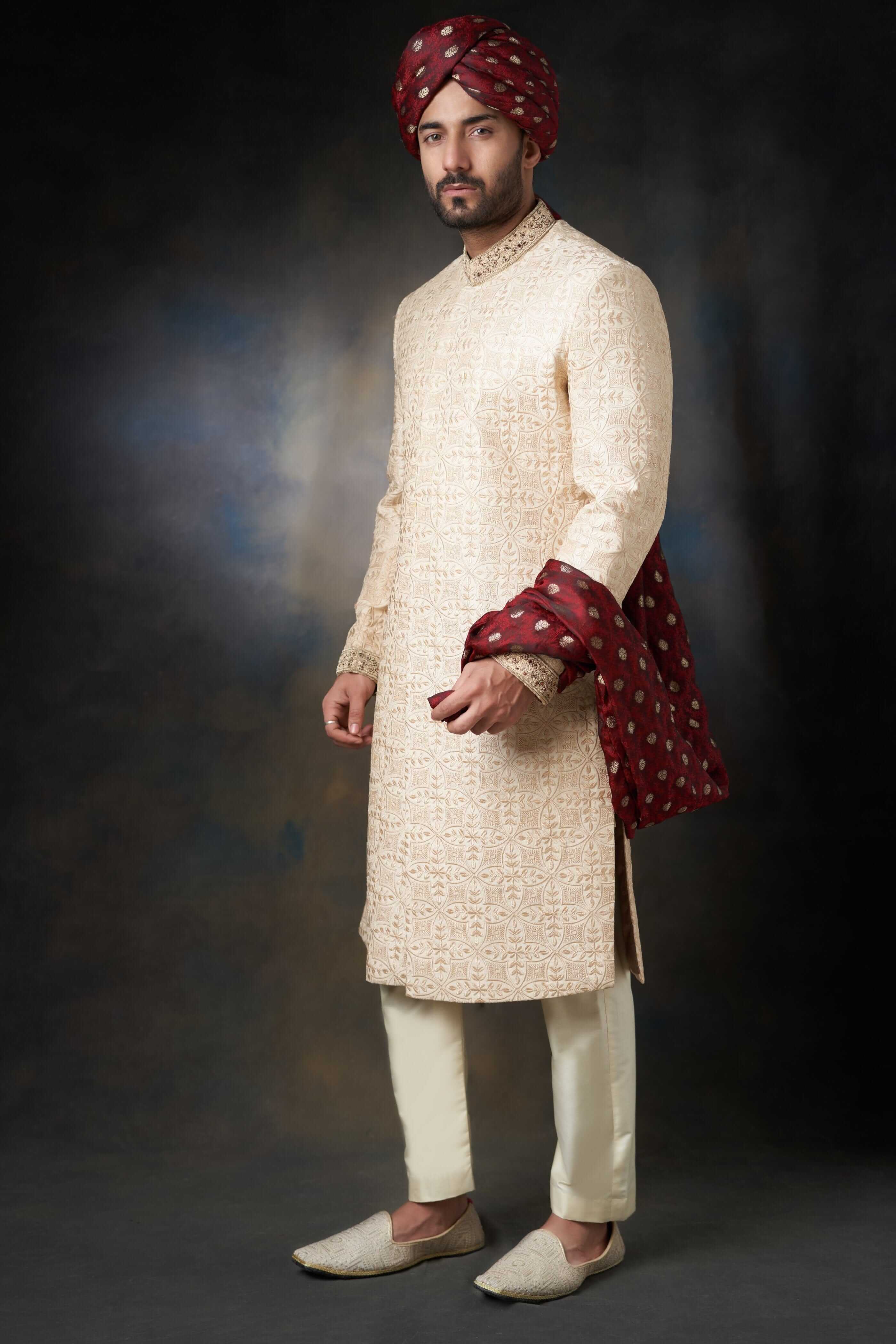 Handcrafted Gold Almond Raw Silk Sherwani with Zardozi Embroidery - Perfect for Indian Weddings, Festivals & Special Occasions