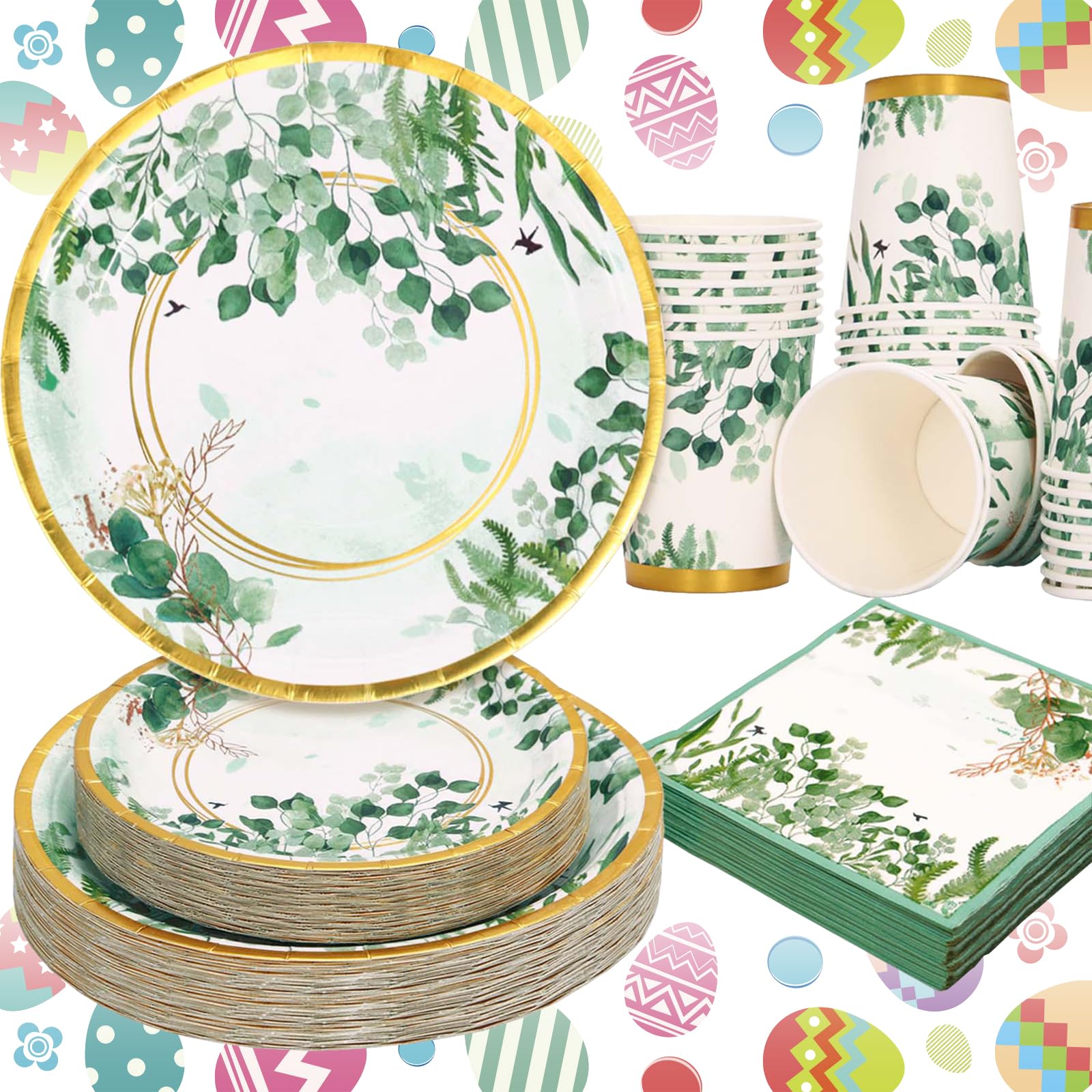 Sage Green Party Decorations Set - 200 Pcs Disposable Plates, Cups & Napkins for Baby Shower, Wedding, Birthday, Baptism - Eucalyptus Themed Tableware - Serves 50 Guests - Perfect for Rustic, Boho & Garden Party Decor
