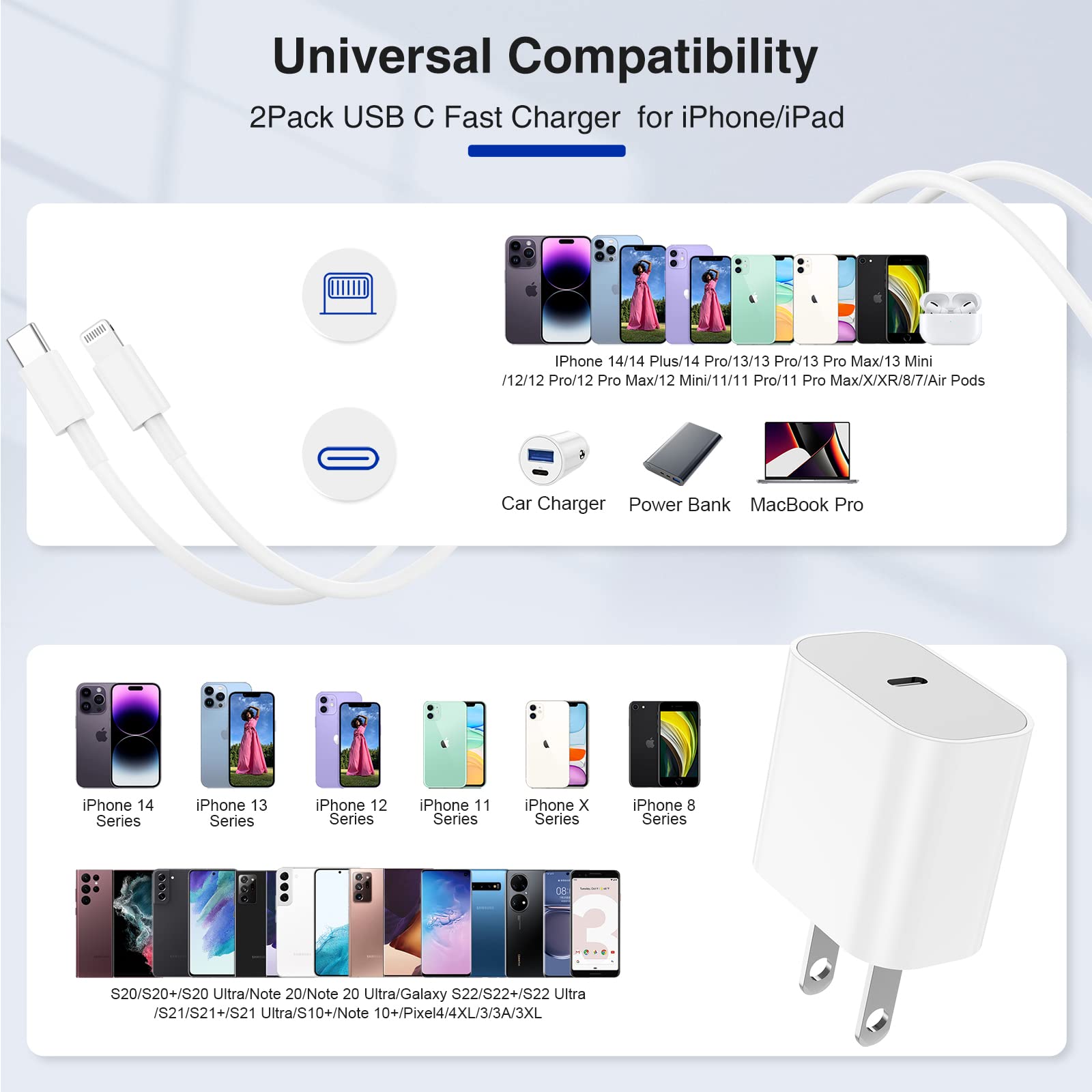 10ft Fast Charging USB C to Lightning Cable for iPhone 14/13/12/11 Pro Max & iPad - 20W Wall Charger Included (2-Pack) | Perfect for Home, Office & Travel Charging