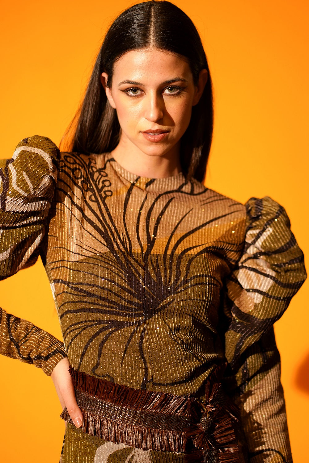 Tropical Brown Mutton Sleeve Slit Dress - Women's Elegant Summer Maxi Dress for Beach Vacation & Party Wear