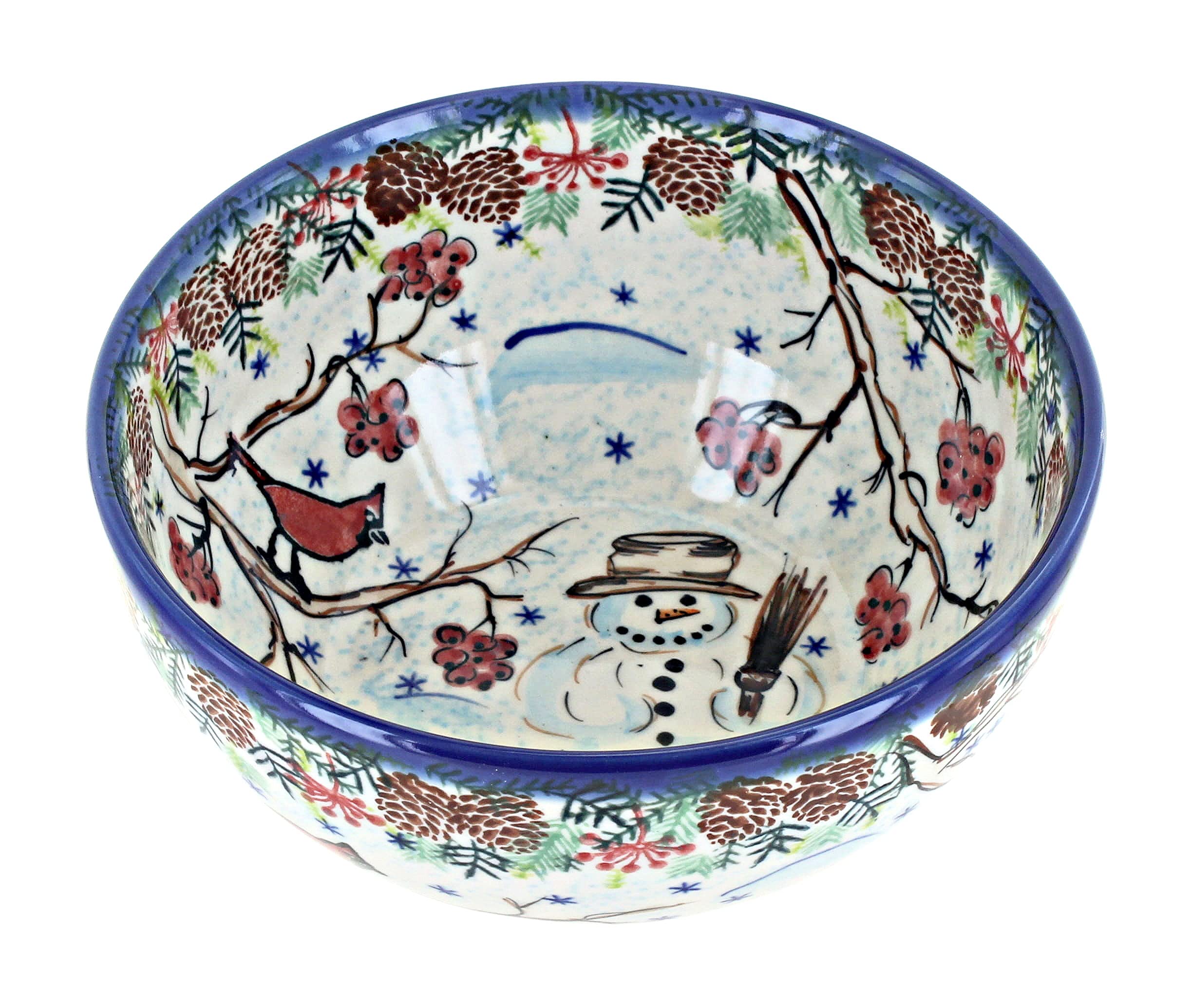 Handmade Blue Rose Polish Pottery Snowman Bowl - Perfect for Cereal, Soup & Desserts - Charming Winter Tableware for Holidays & Gifts
