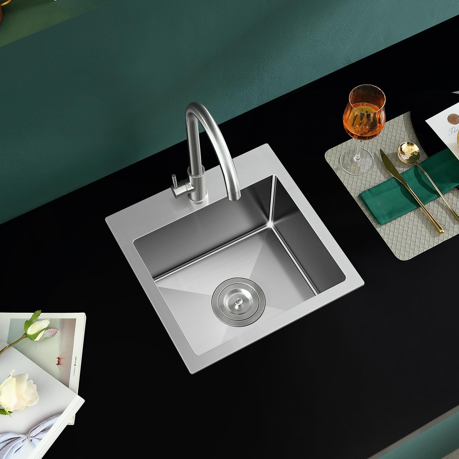 18 Inch Drop-in Kitchen Bar Sink - 18x18 Inch Single Hole Topmount Stainless Steel Sink, 18 Gauge Brushed Finish Single Bowl Bar Prep Sink - Perfect for Small Kitchens, Wet Bars & RV Campers