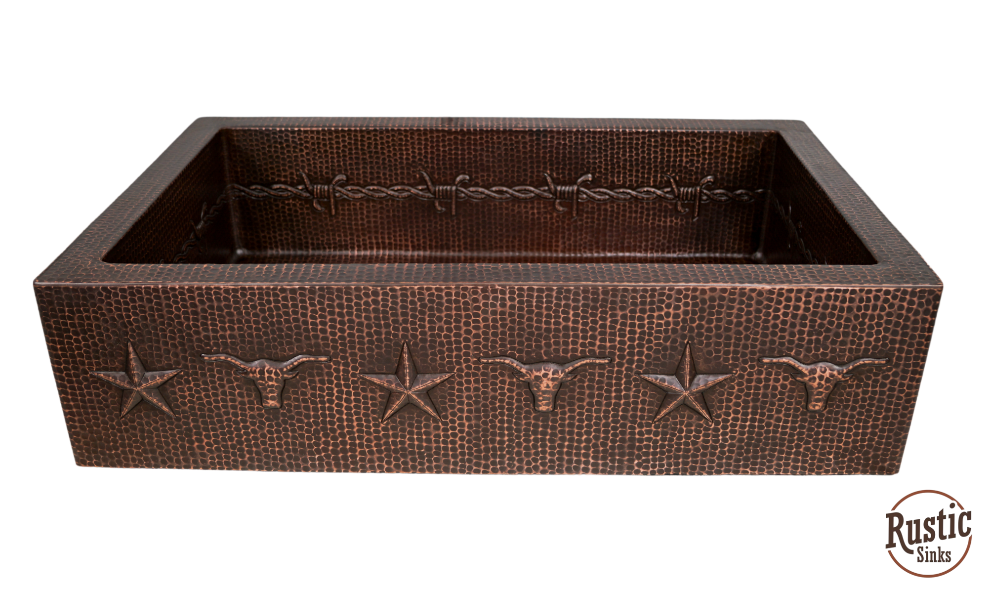 Copper Farmhouse Sink w/Barbwire, Stars & Longhorn