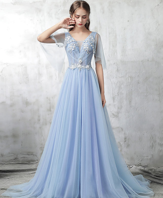 Elegant Blue V-Neck Tulle Lace Applique Long Prom Evening Dress for Women - Perfect for Homecoming, Formal Parties & Special Occasions
