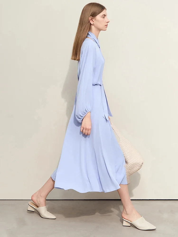 Elegant Minimalist Women's Chiffon Dress - 2024 Spring Summer Flowy A-Line Maxi Dress with Lantern Sleeves & Detachable Waist Belt | Perfect for Beach Vacations, Weddings & Casual Outings