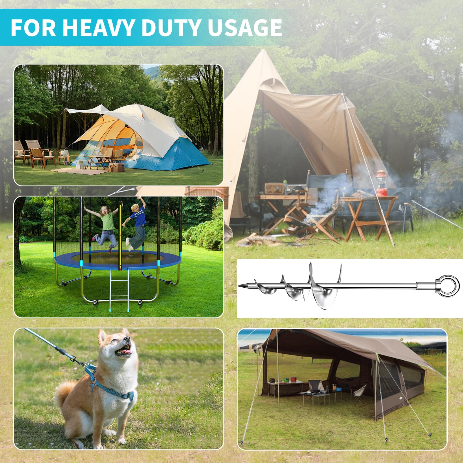 Heavy Duty 18'' Fully Welded Screw-in Ground Anchors - Chrome Plated Anti-Rust Swing Set Anchors with Straps for Dogs, Trampolines & Outdoor Equipment - Wind Resistant for Backyard, Playground & Garden Use