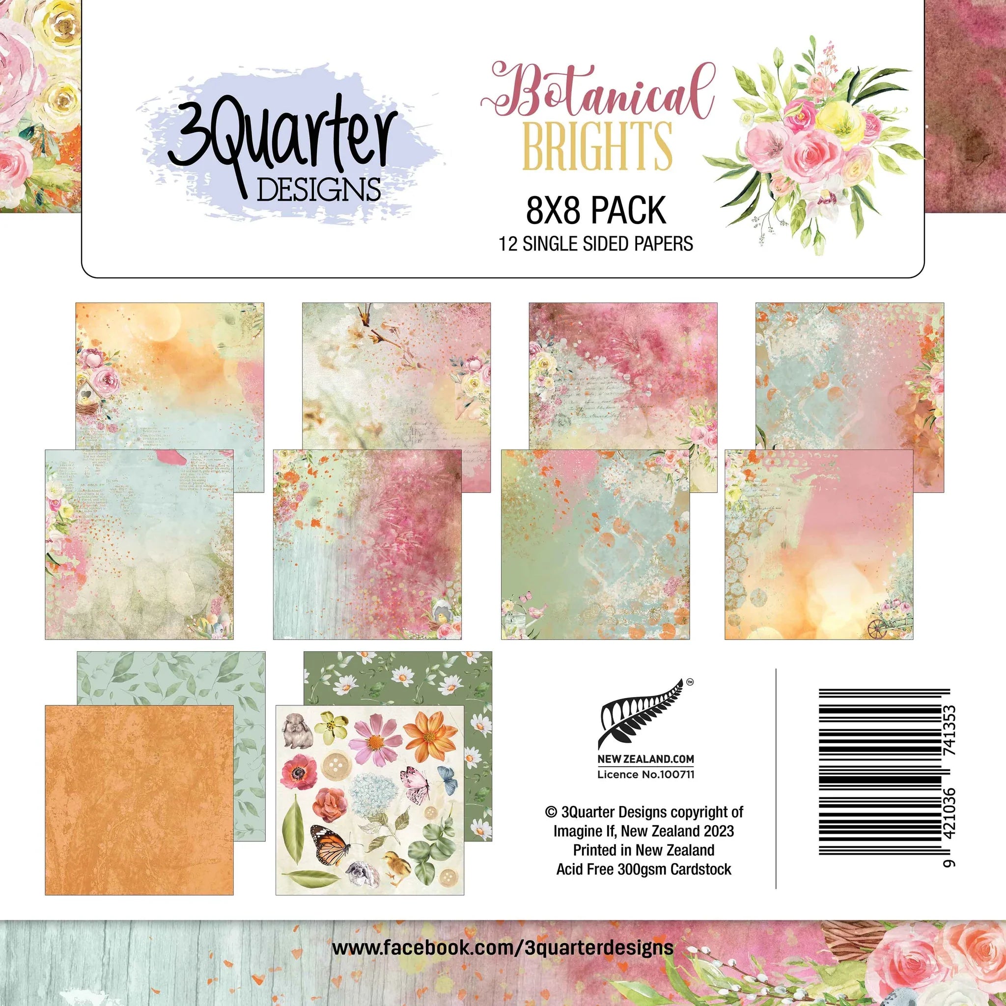 3Quarter Designs Botanical Brights 8x8 Inch Paper Pad - Vibrant Floral Patterns for Scrapbooking, Card Making & DIY Crafts