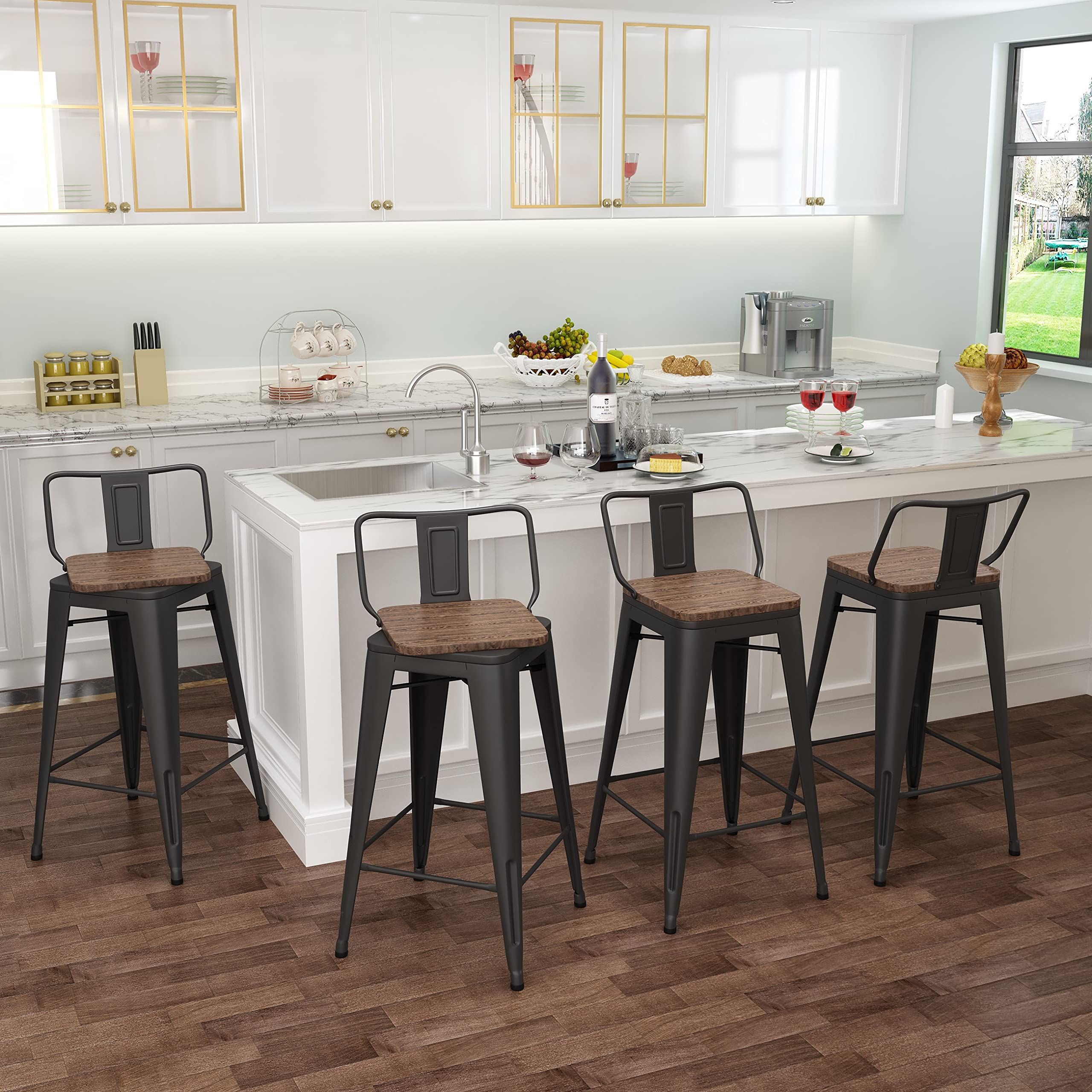 Aklaus 24 Inch Swivel Bar Stools Set of 4 - Metal Counter Height Stools with Backs, Farmhouse Style, Matte Black - Perfect for Kitchen Islands, Breakfast Bars & Home Decor