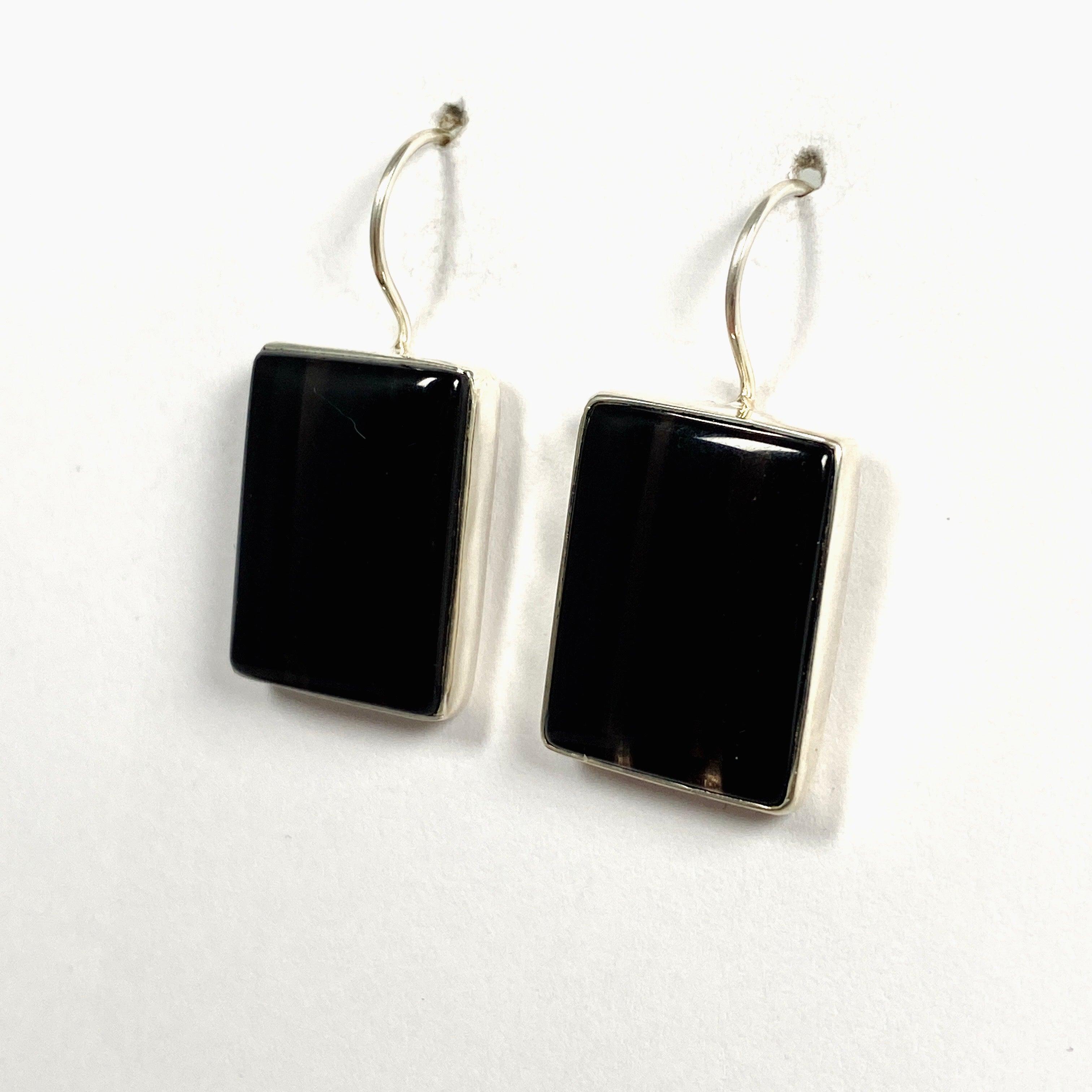 Midnight Obsidian Rectangular Hook Earrings for Women - Elegant Black Gemstone Jewelry for Parties, Weddings & Evening Events - KEGJ1351