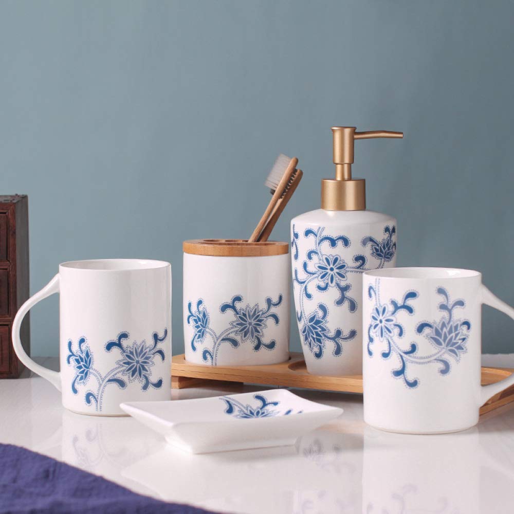 Premium Blue and White Ceramic Bathroom Set - 5 Piece Soap Dispenser, Toothbrush Holder, Tumbler, Soap Dish & Tray - Elegant Chinese Porcelain Bath Accessories for Modern Homes & Luxury Hotels