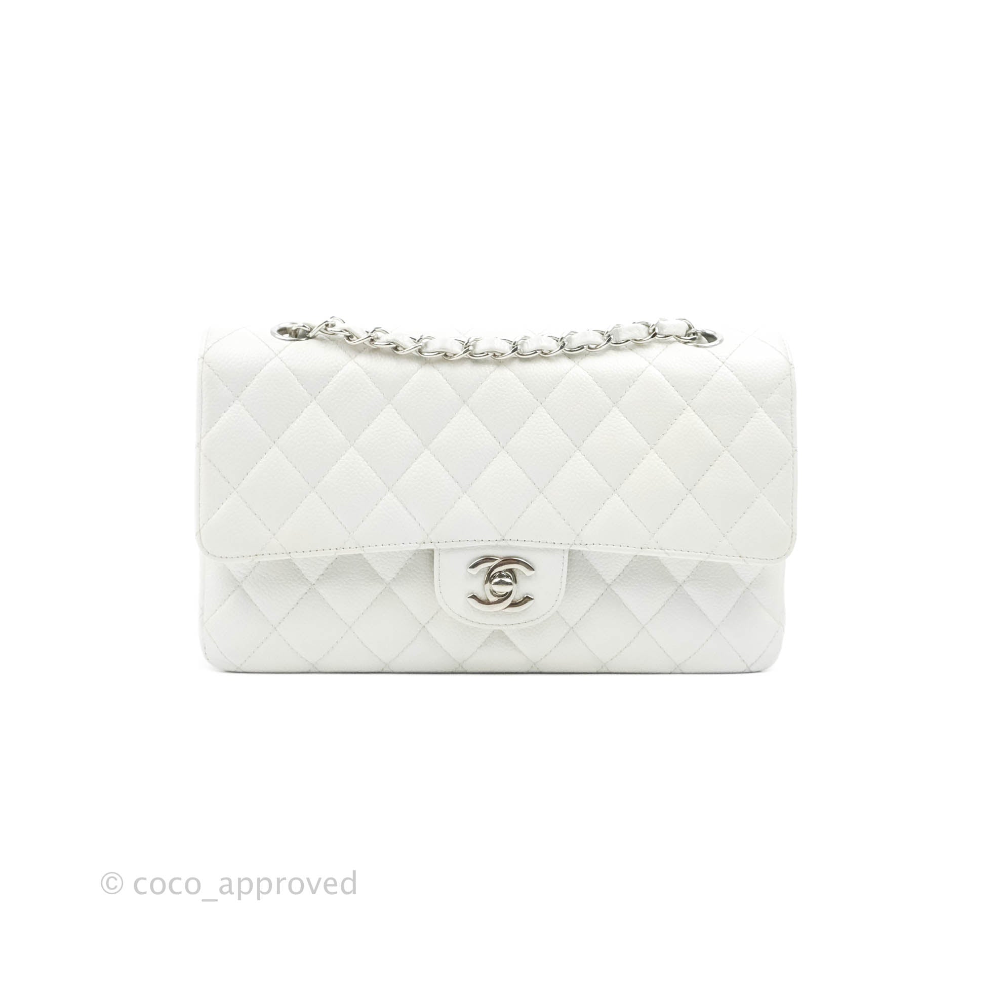 Chanel Classic M/L Medium Double Flap Bag in White Caviar Leather with Silver Hardware - Perfect for Luxury Fashion, Evening Events & Designer Handbag Collection
