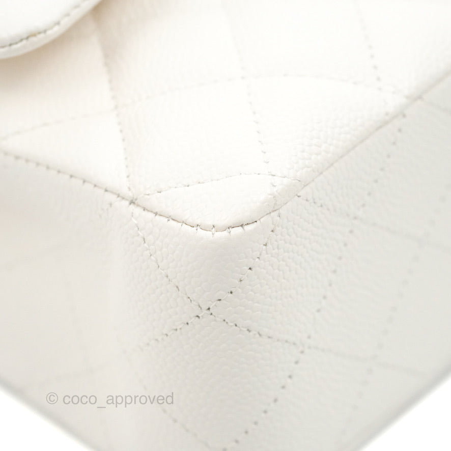 Chanel Classic Medium Double Flap Bag in White Caviar Leather with Silver Hardware - Luxury Handbag for Women, Perfect for Work, Parties & Everyday Use