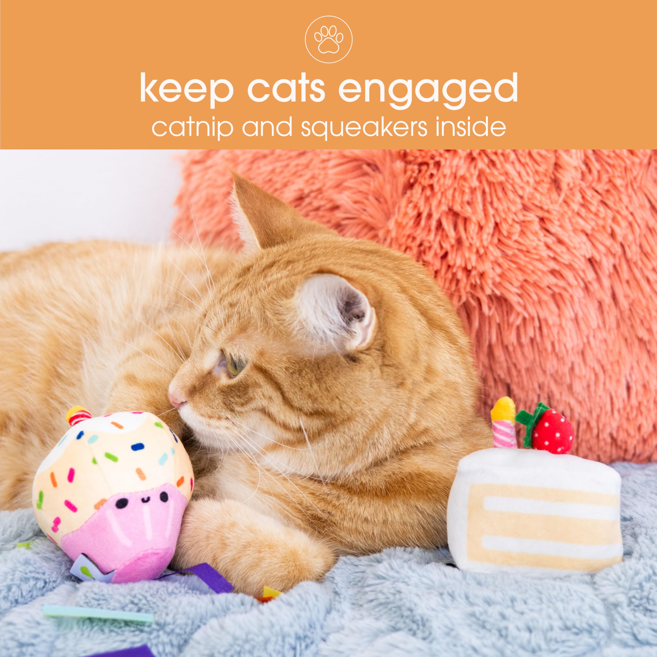 **Pearhead Happy Birthday Cake Cat Toy Set - Interactive Stuffed Cake & Cupcake with Catnip & Squeakers - Fun Kitten Toys for Playtime & Training - Perfect Pet Birthday Gift for Cat Lovers (Set of 2) - Great for Indoor Play, Bonding & Special Occasions**