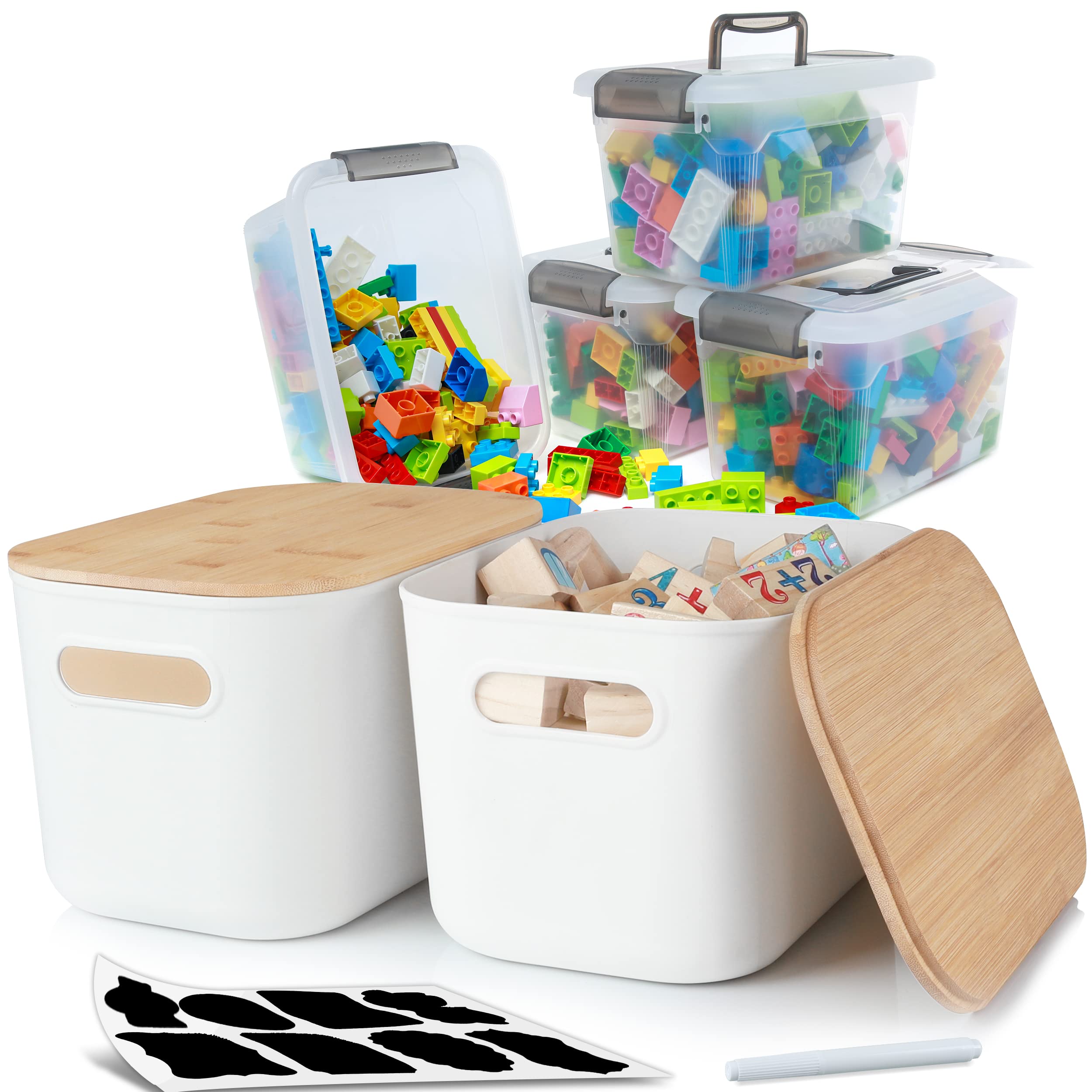 6-Piece Stackable Storage Bins with Bamboo Lids - Home & Office Organization