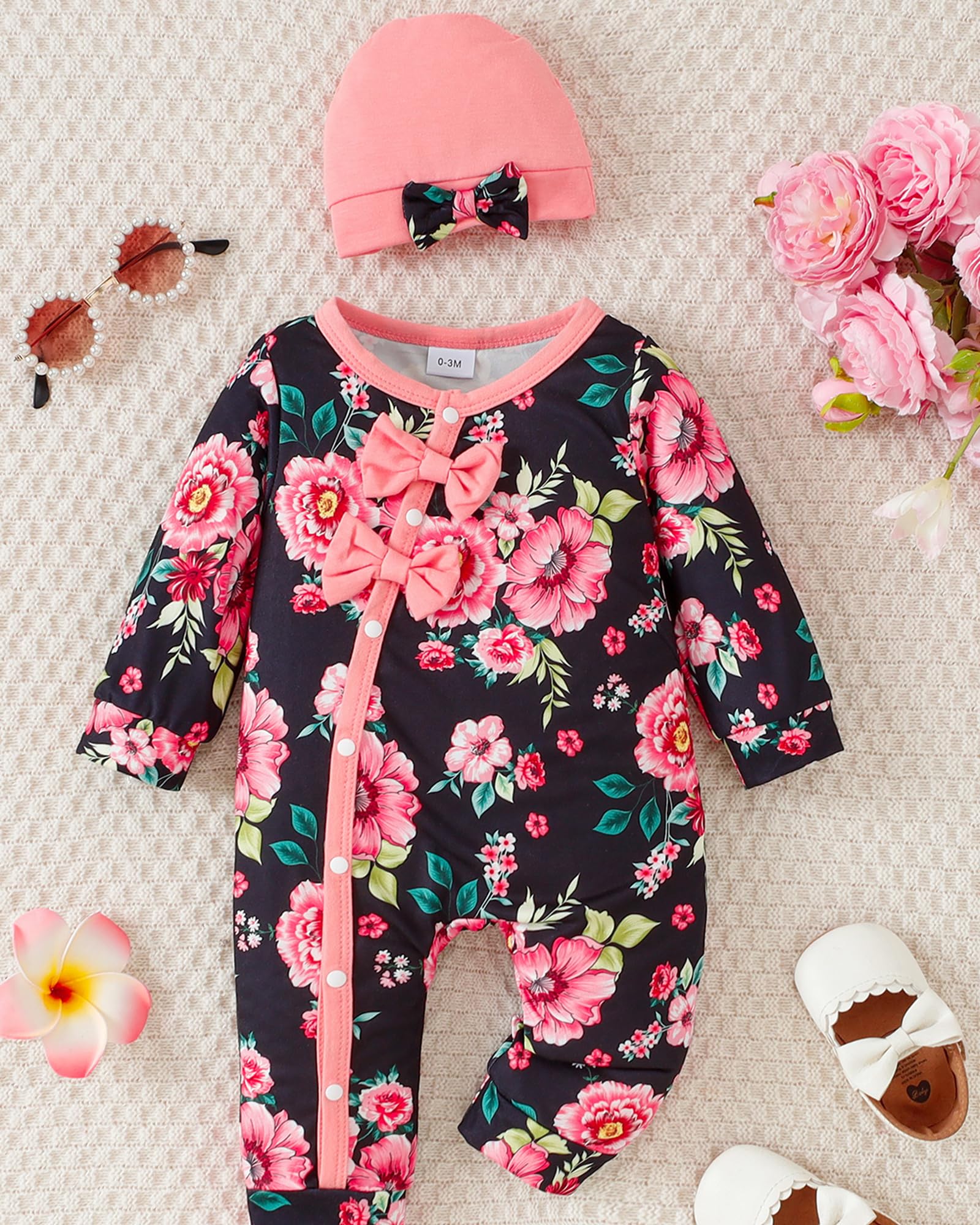 Mioglrie Newborn Baby Girl Clothes - Soft Long Sleeve Romper Jumpsuit with Floral Hat for Infants | Fall Winter Outfits for Preemie Girls | Perfect for Photoshoots, Family Gatherings & Daily Wear