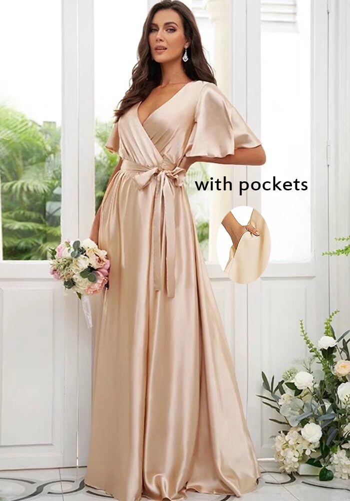 Dexinyuan Women's Elegant V-Neck Satin Bridesmaid Dress with Thigh High Slit & Sleeve Pockets - Long Formal Evening Gown for Weddings, Prom, Cocktail Parties & Special Occasions