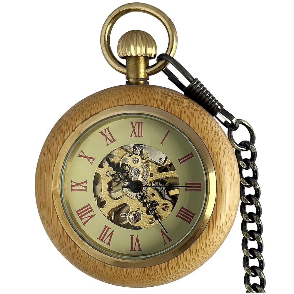 VIGOROSO Vintage Mechanical Pocket Watch with Chain - Manual Wind Up Pocket Watch for Men & Women - Wooden Pocket Watch Gift for Dad, Mum, Collectors - Perfect for Weddings, Special Occasions & Antique Collections
