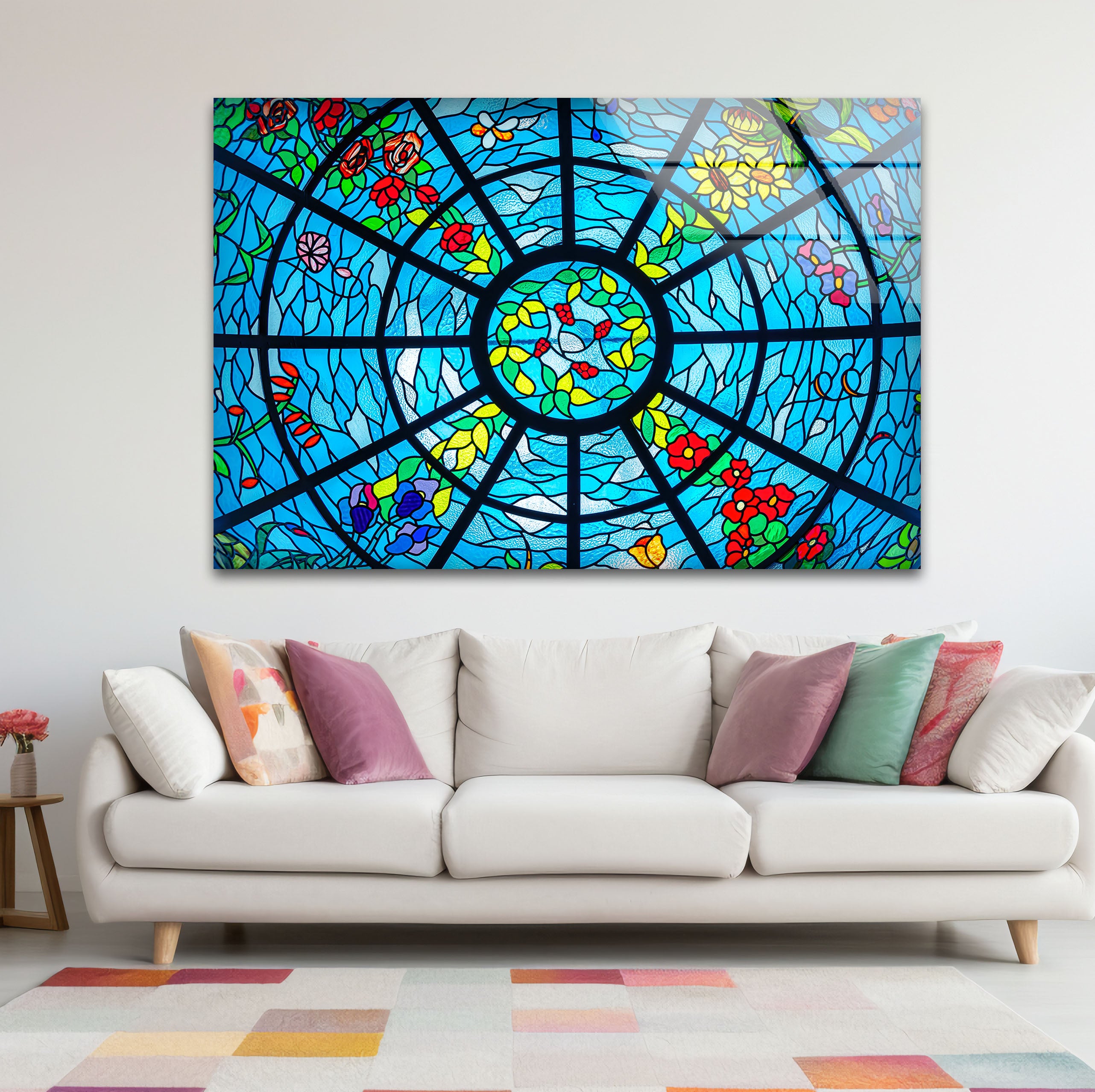 Blue Stained Glass Wall Art - Vibrant Floral & Ocean Window Design for Home & Office Decor | Perfect for Living Room, Bedroom, or Office Wall Decorations