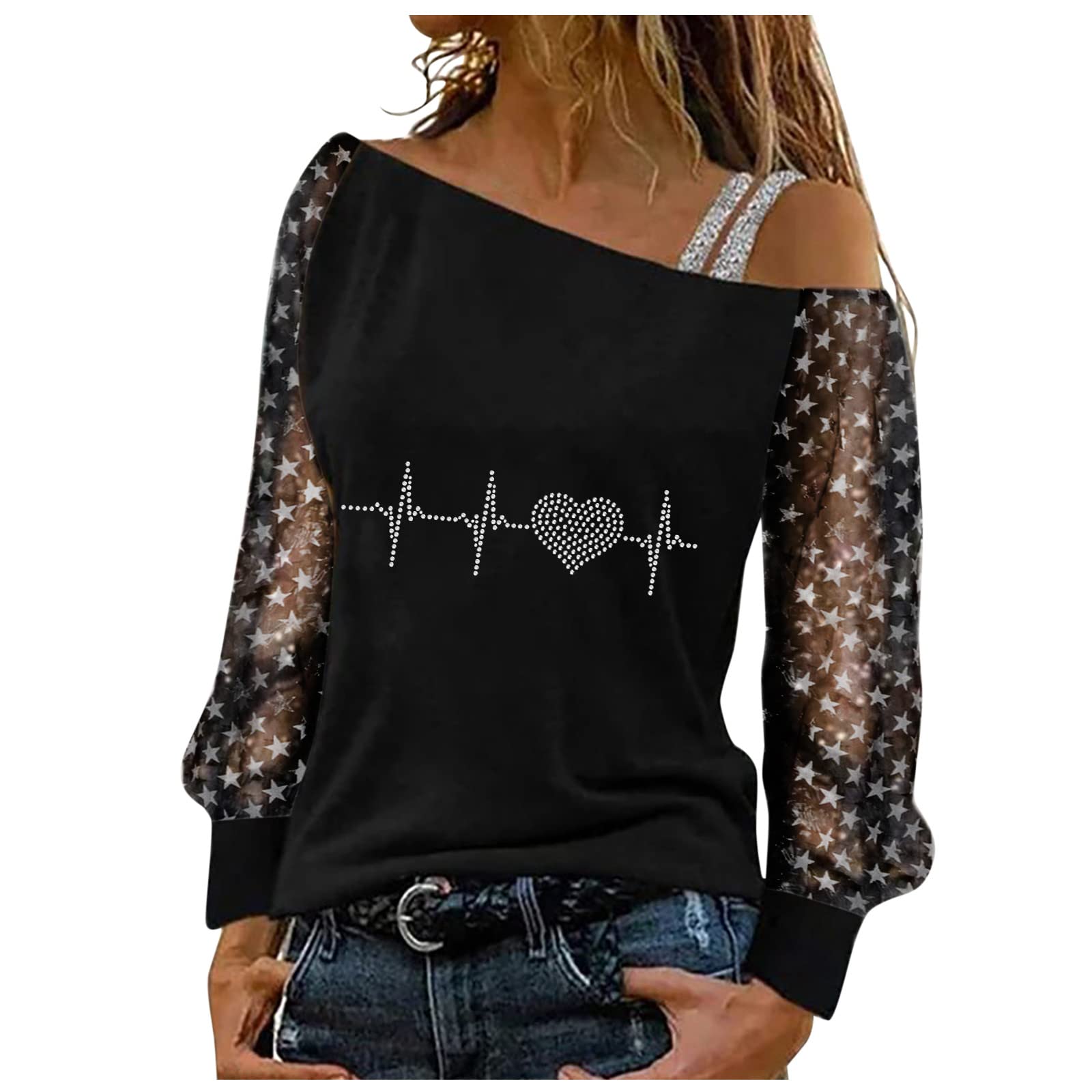 Sexy Hollow Out Long Sleeve Off Shoulder Lace Top for Women - Elegant Pullover Blouse with Splicing Design, Perfect for Date Night, Party or Casual Wear