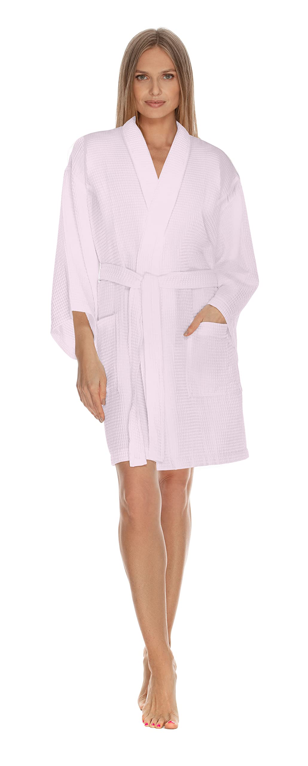 Boca Terry Women's Waffle Robe - Knee Length Lightweight Kimono Bathrobe for Spa, Lounge & Home Relaxation