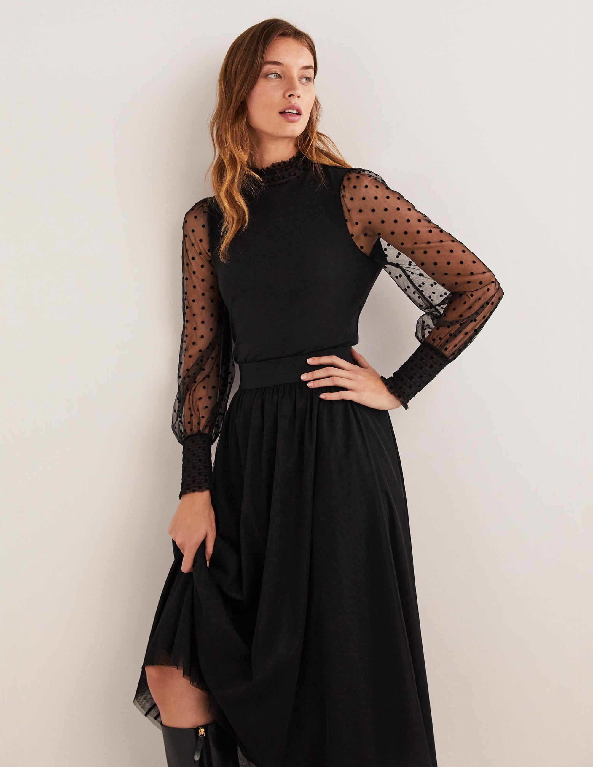 Black Polka Dot Tulle Sleeve Party Top for Women - Elegant Flocked Spot Blouse for Evening Events, Date Night & Special Occasions