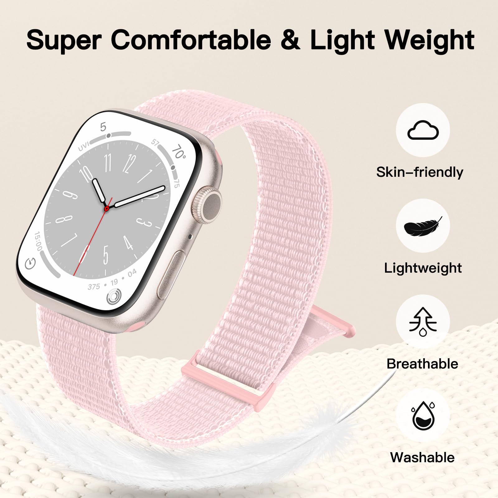 Yoohoo Soft Nylon Replacement Watch Band Compatible with Apple Watch Series 10/9/8/7/6/5/4/3/2/1/SE - 38mm 40mm 41mm 42mm Sizes for Men & Women (Rose Pink) - Perfect for Workouts, Running & Everyday Wear
