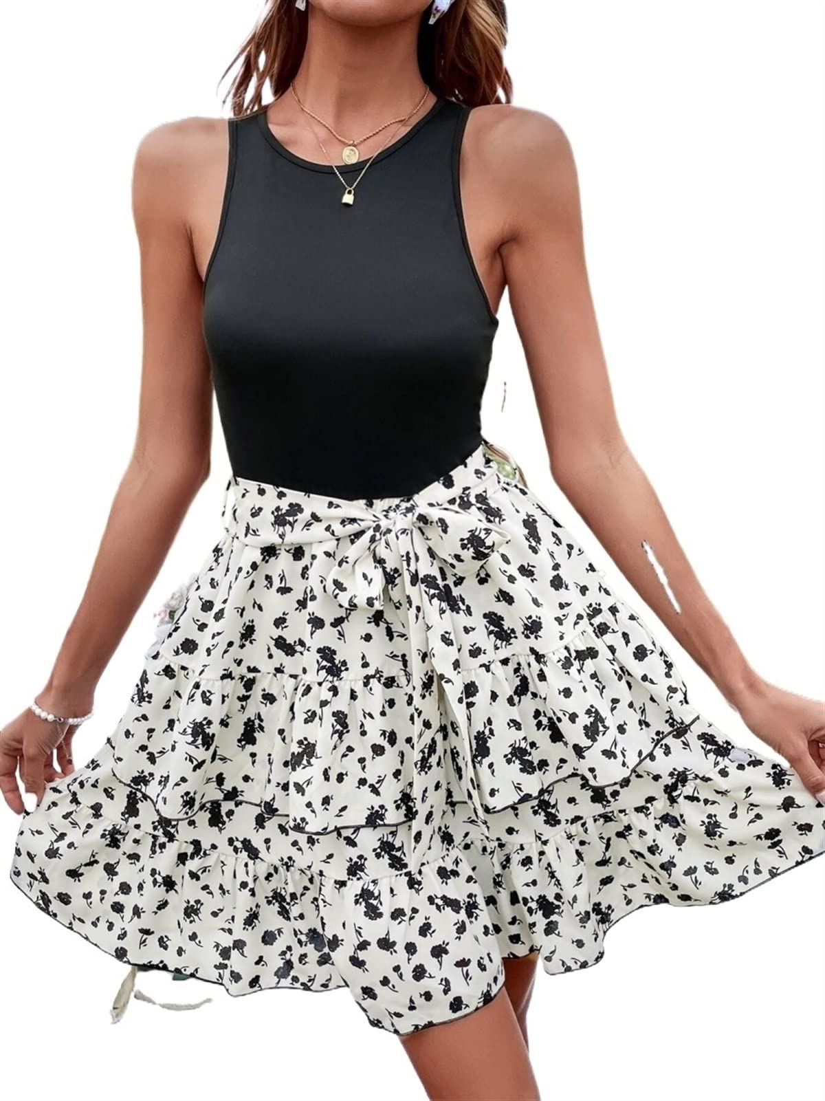 VIYAN Women's Summer Floral Print Short Sleeve Dress with Colorblock Hem & Belt - Casual Tank Dress for Beach, Vacation & Outdoor Parties