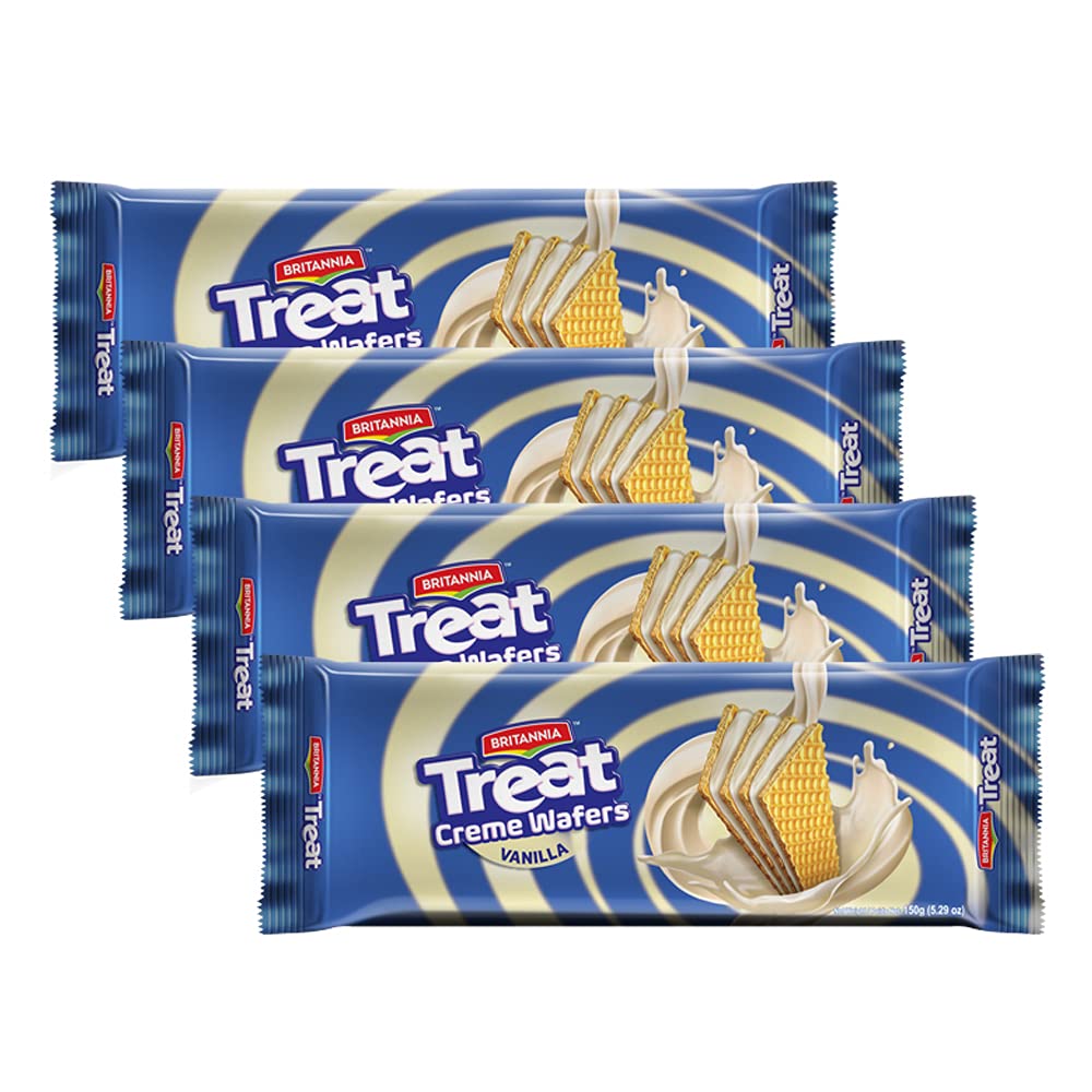 BRITANNIA Vanilla Wafer Cookies 5.29oz (150g) - Crunchy Healthy Snacks for Breakfast, Tea Time & Office - Pack of 4 - Perfect with Coffee, Milk or as Dessert