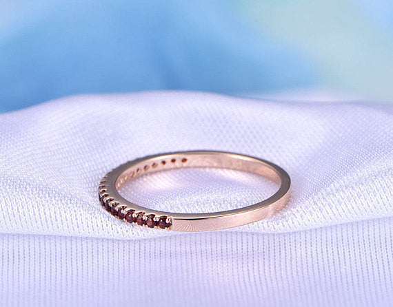 14k Rose Gold Garnet Wedding Band - Half Eternity Ring for Women, Stackable Anniversary Jewelry, Custom Gemstone Ring for Bridal, Engagement & Special Occasions