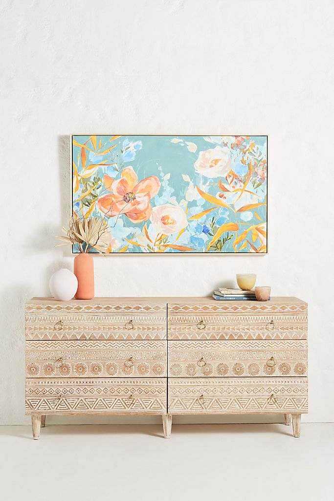 Hand Carved Delhi Six Drawer Dresser - Solid Wood Bedroom Dresser with Mirror, Vintage Storage Cabinet for Living Room, Bedroom & Entryway Decor