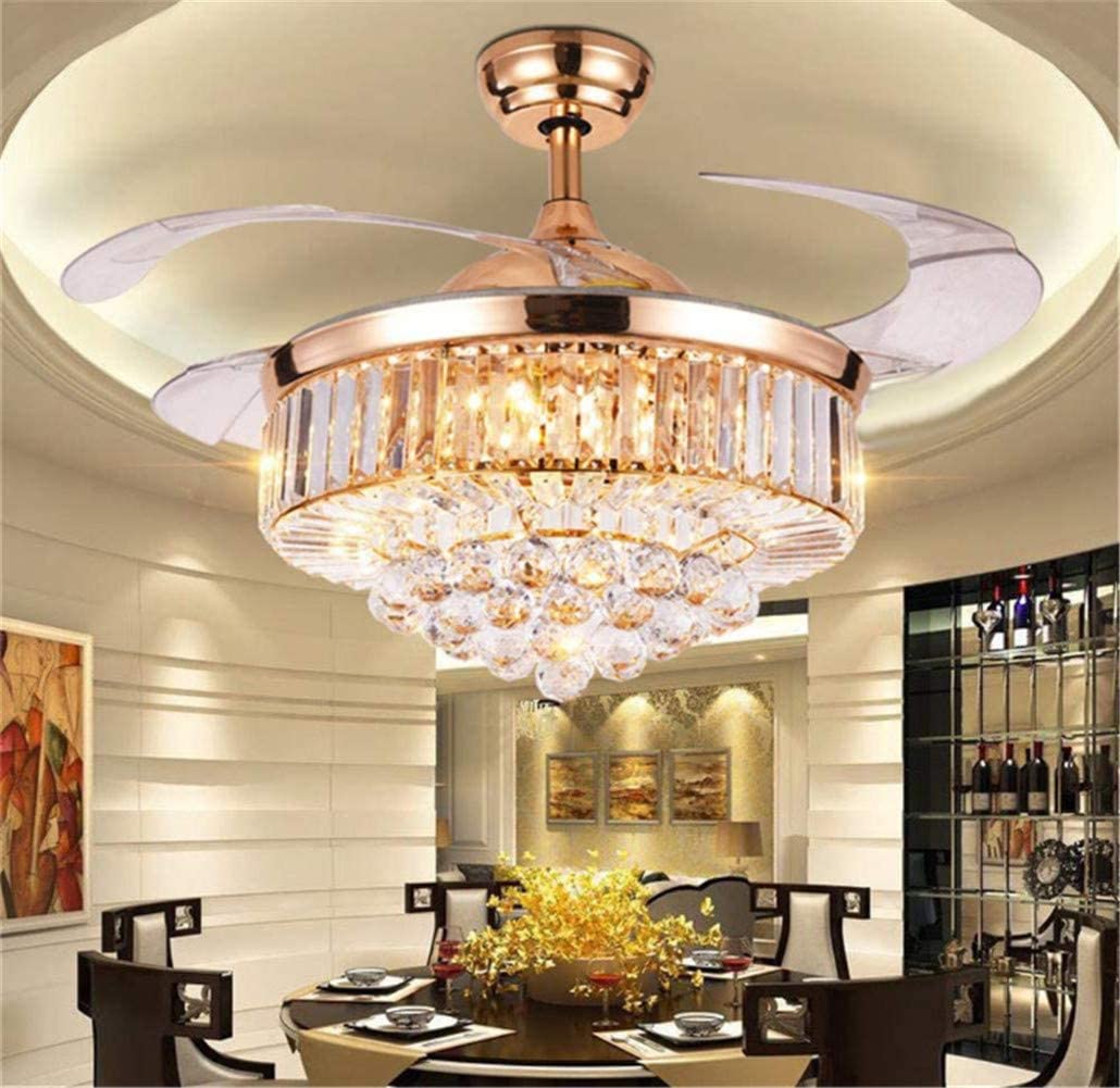 42 Inch Luxury Crystal Retractable Ceiling Fan with Remote Control - LED 3-Color Changing Light, Silent Invisible Fan Chandelier for Bedroom, Living Room (Rose Gold) - Modern Home Cooling & Elegant Lighting Solution