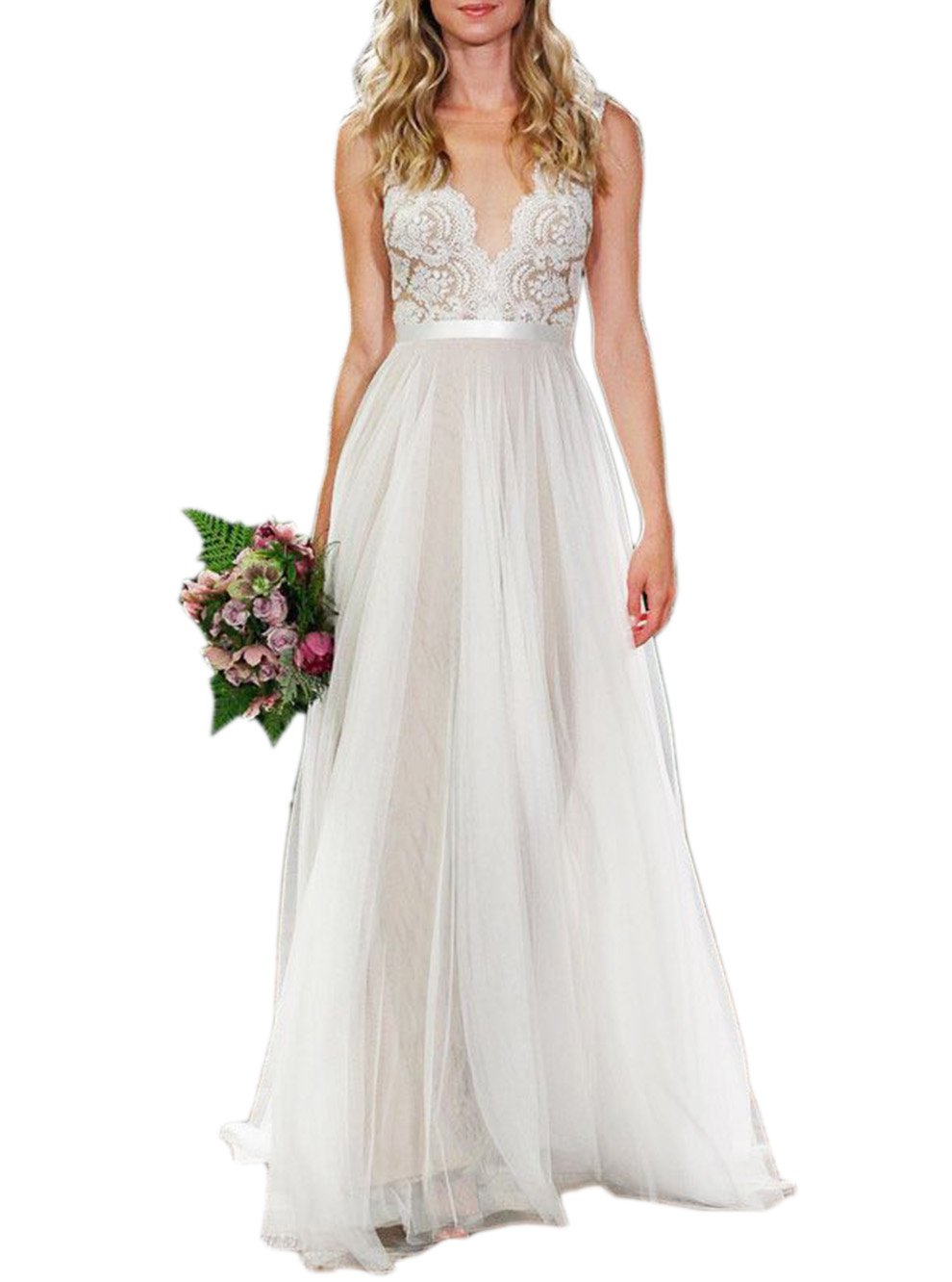 Elegant A-Line V-Neck Lace Tulle Wedding Dress for Women - Perfect for Beach Bridal Ceremonies & Romantic Outdoor Weddings