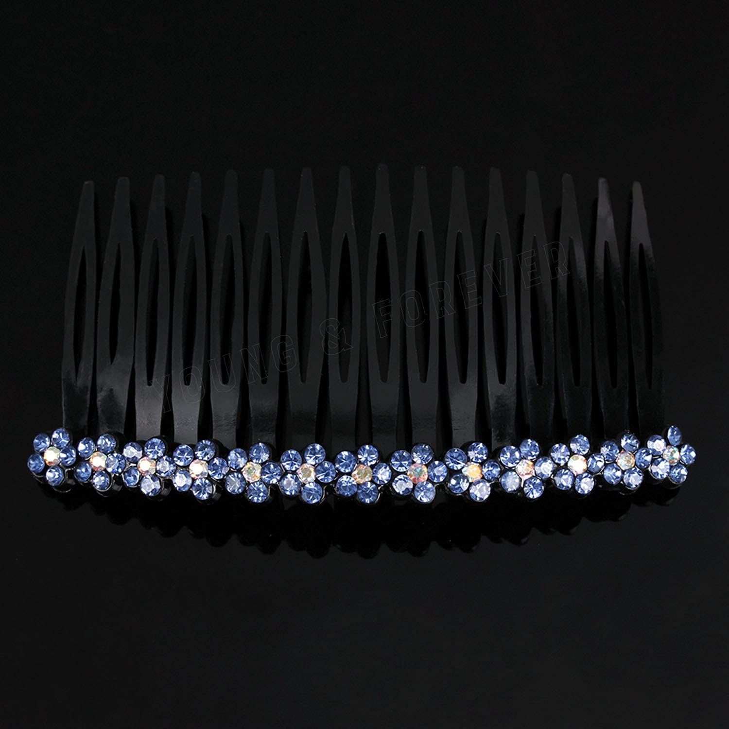 Young & Forever Blue Rhinestone Hair Side Combs for Women - 24 Teeth Plastic Decorative Hair Clips & Hairpins - Perfect for Weddings, Prom, Parties & Special Occasions