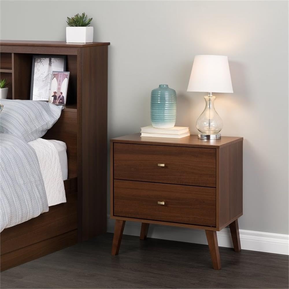 Pemberly Row Mid-Century Modern Wood 2-Drawer Nightstand in Cherry Finish - Bedside Table for Bedroom, Living Room & Guest Room Storage