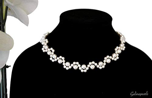 Handmade White Swarovski Crystal Pearl Necklace for Women - 925 Sterling Silver Clasp Elegant Jewelry Gift for Her - Perfect for Weddings, Anniversaries & Special Occasions