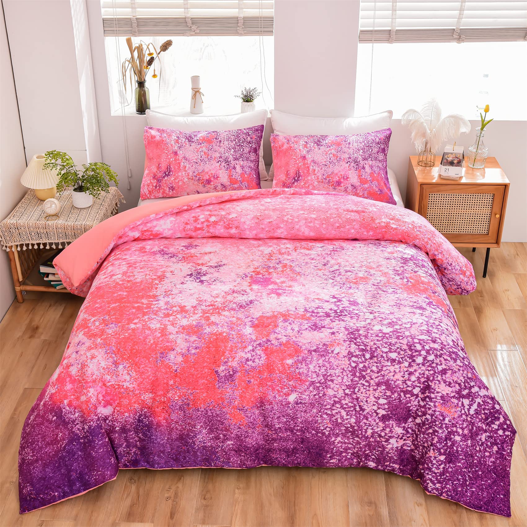 Aimuan Abstract Purple Comforter Set - 3 Piece Modern Art Bedding with Sparkle Star Galaxy Design, Tie Dye Printed Quilt for Kids & Teens (Queen Size, Pink-Purple) - Perfect for Bedrooms, Dorms & Sleepovers