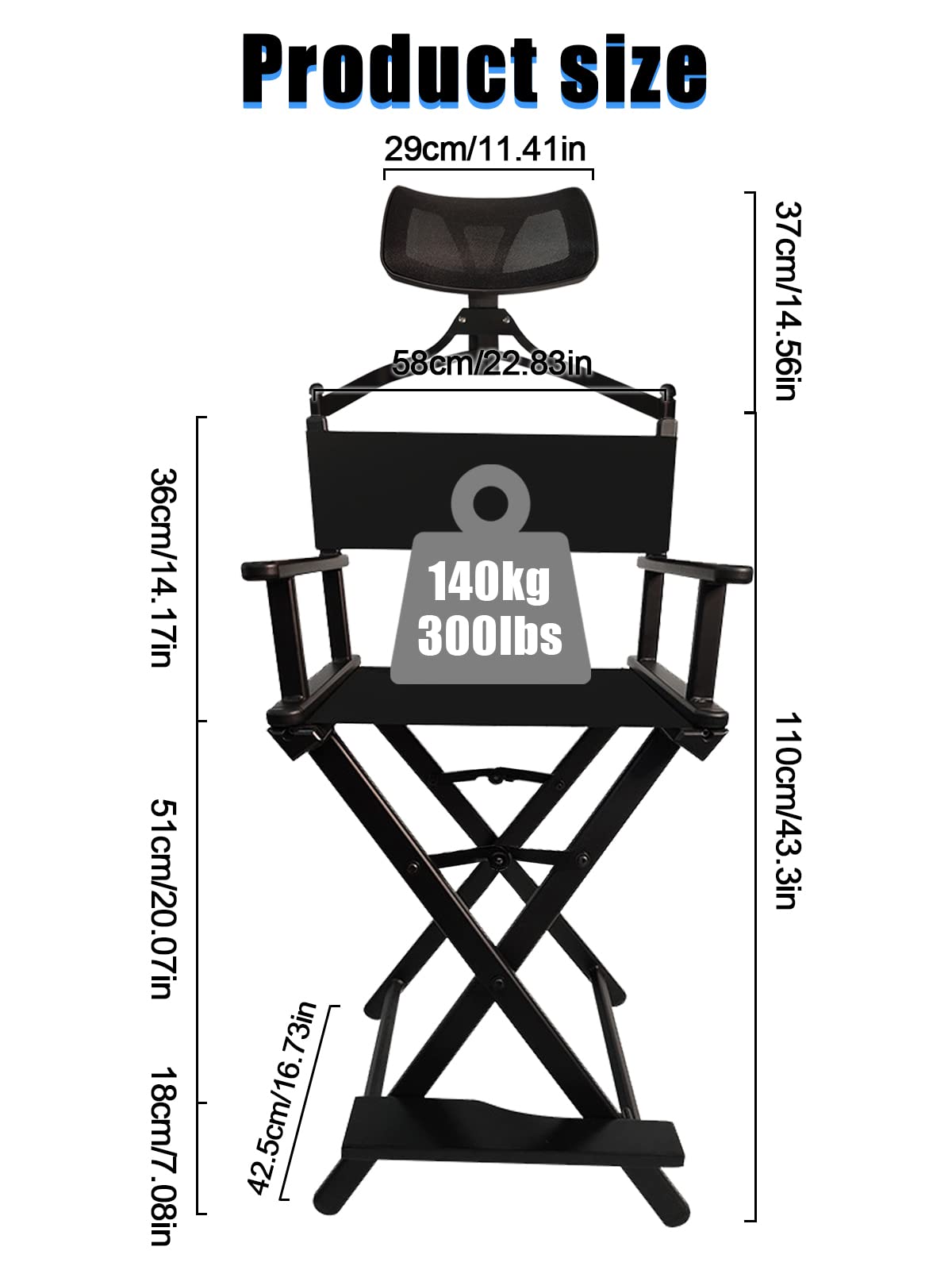 Lorvain Foldable Makeup Artist Stool Chair - Portable Tall Folding Director's Chair with Headrest, Aluminum Frame for Salon, Studio & Vanity - Bar Height Black Makeup Chair for Professional & Home Use