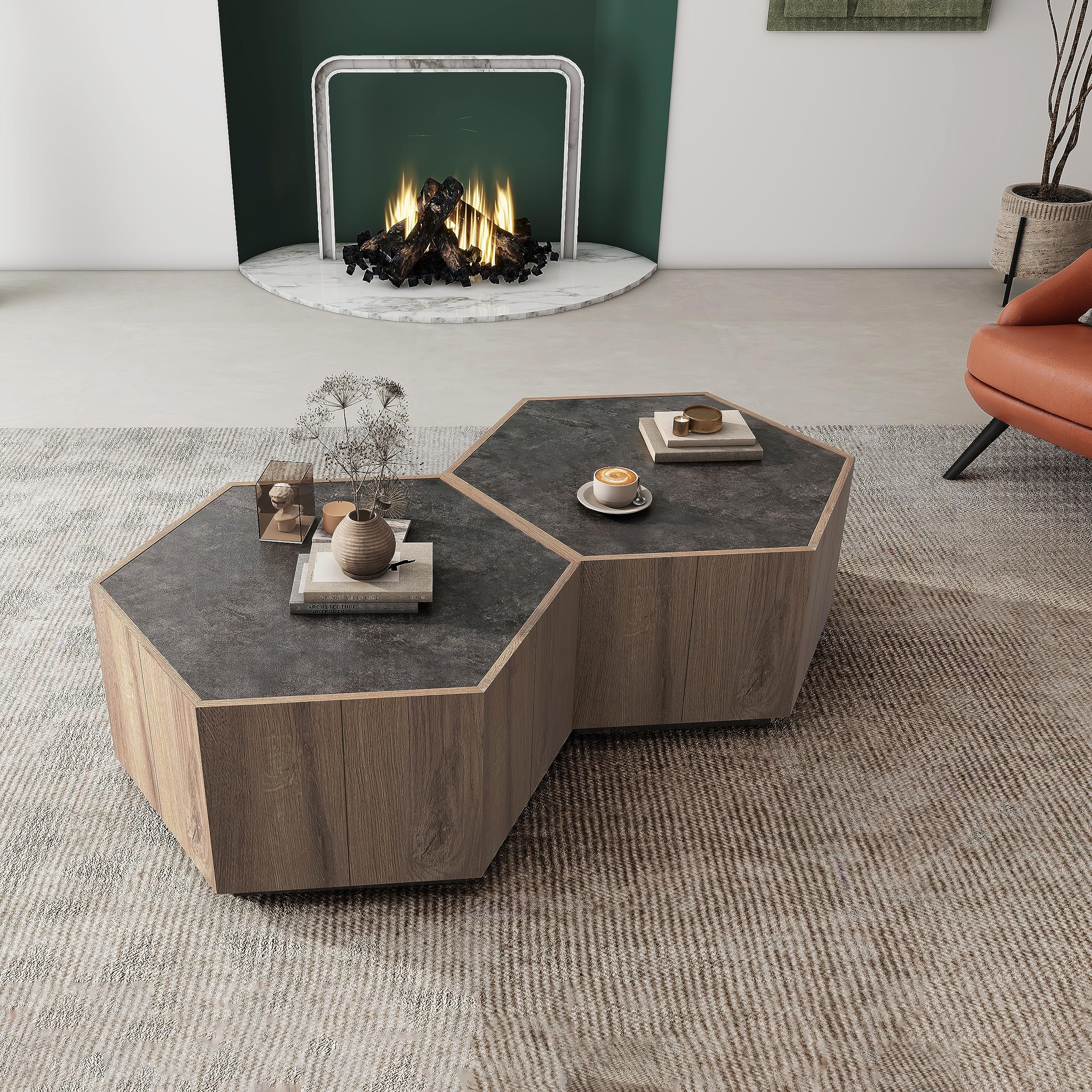 Yoglad Hexagonal Small Coffee Table Set of 2 with 4 Drawers - Modern Industrial Style Nesting Side Tables for Living Room & Bedroom - Textured Black & Warm Oak Finish - Perfect for Small Spaces, Apartments and Cozy Home Decor